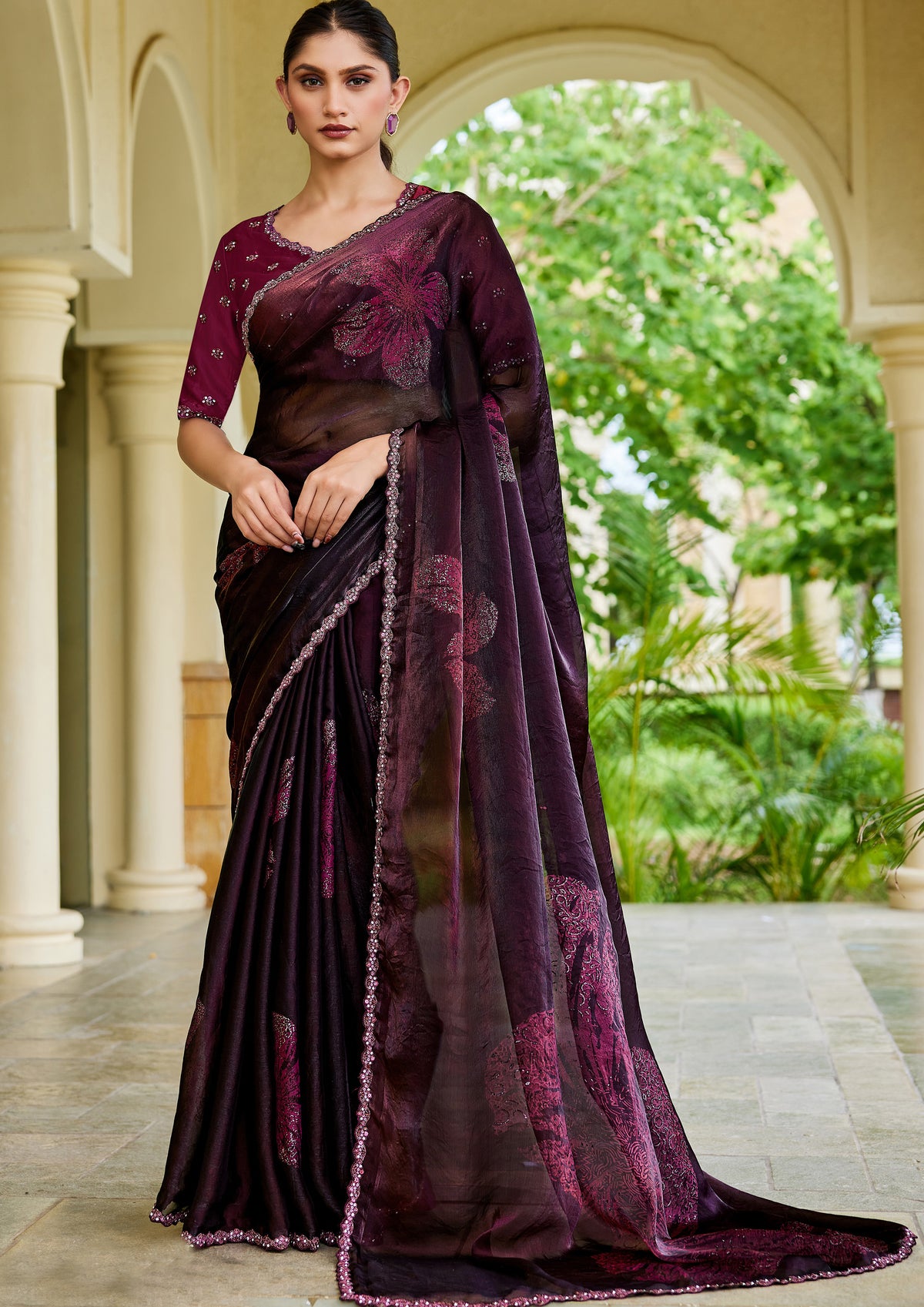 Wine Floral Printed Satin Silk Saree