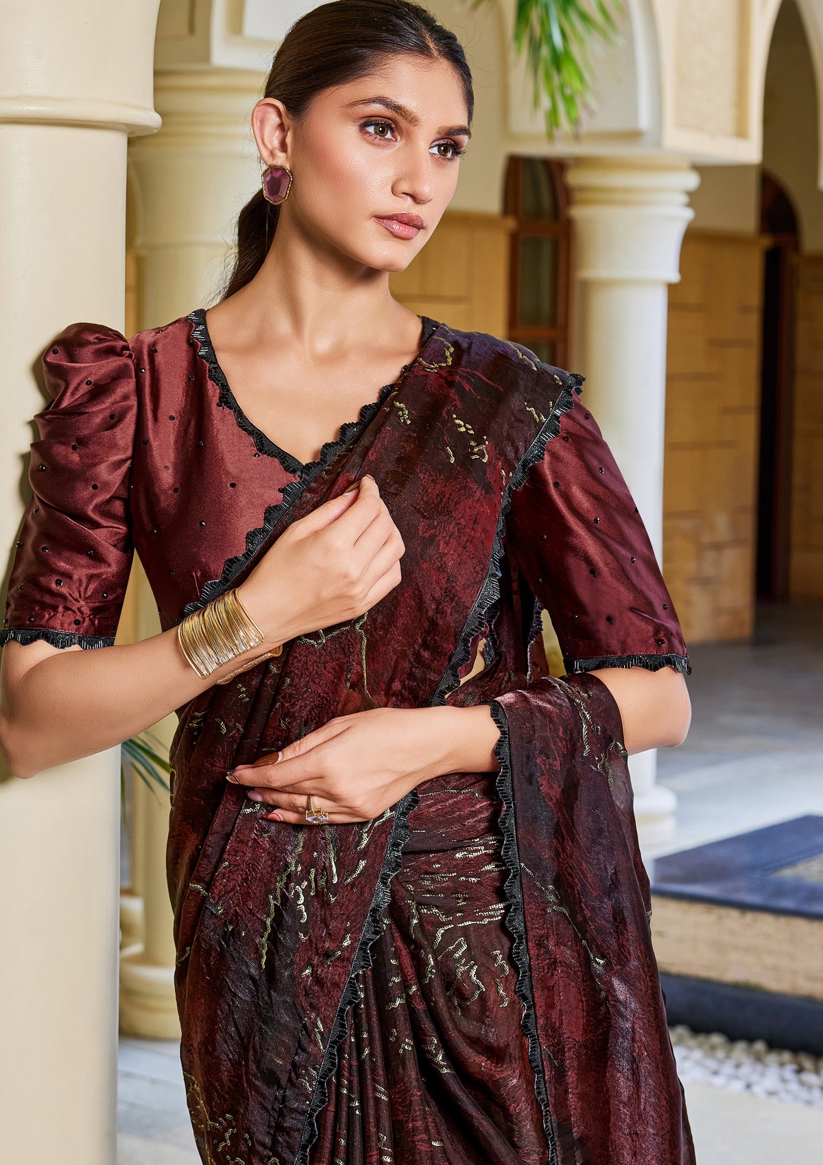 Maroon and Black Embellished Satin Silk Saree