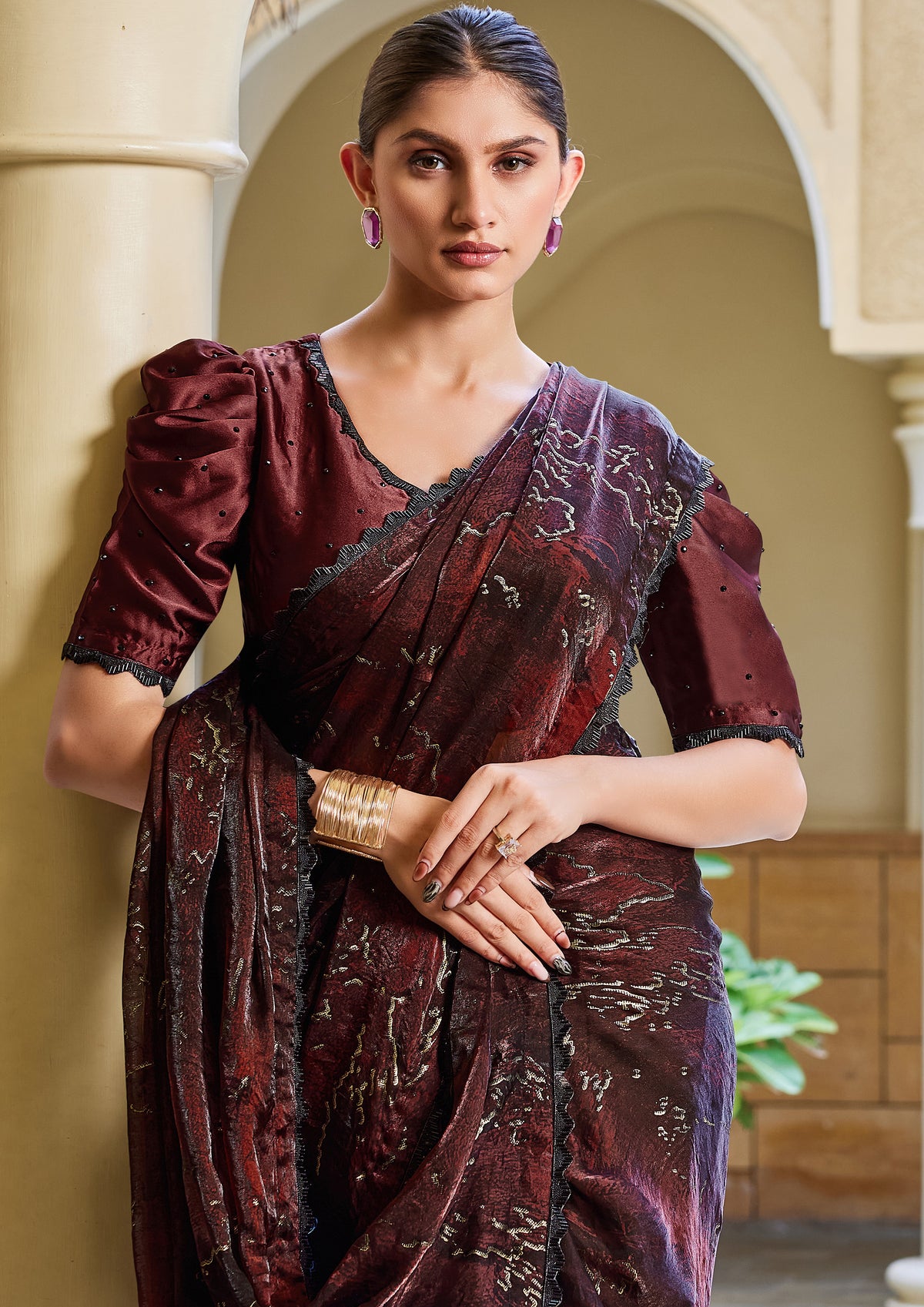 Maroon and Black Embellished Satin Silk Saree