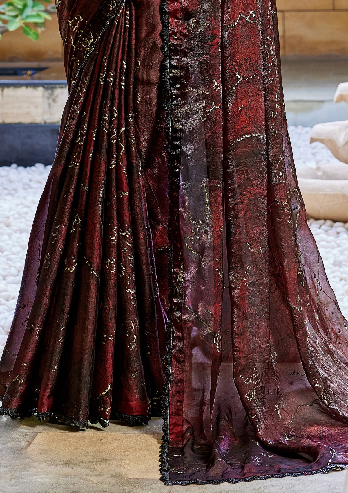Maroon and Black Embellished Satin Silk Saree