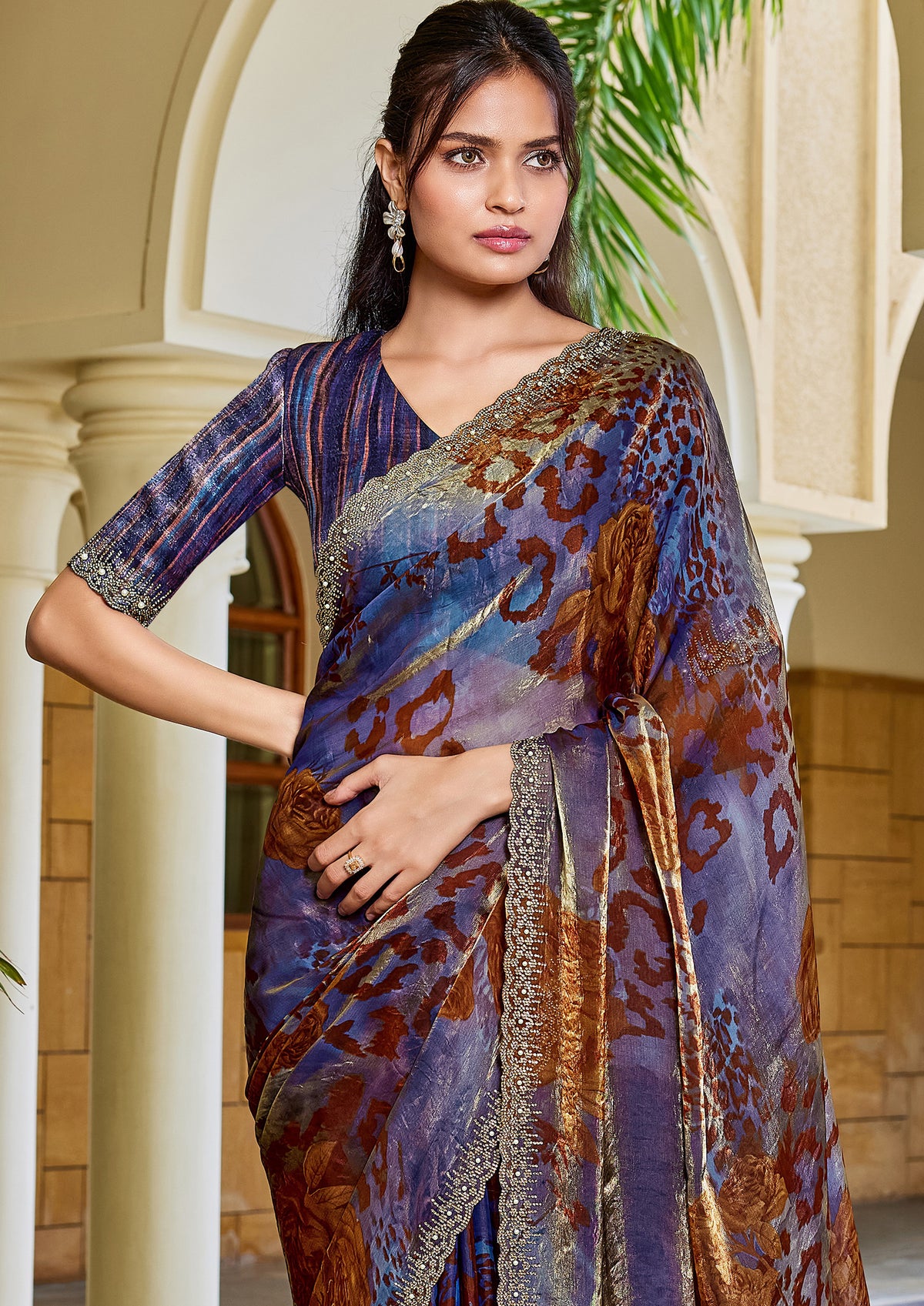 Blue Panther Printed Satin Silk Saree