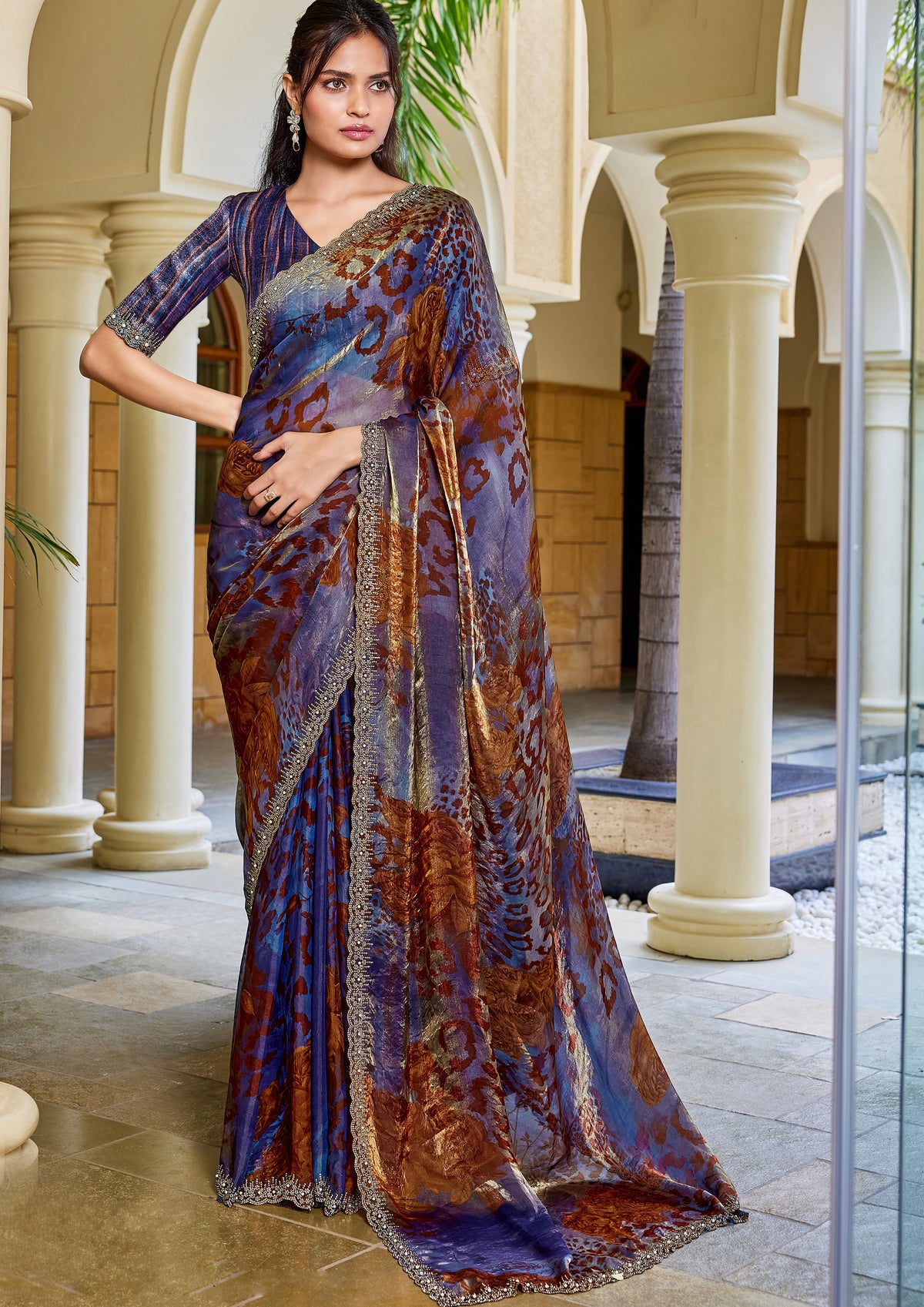 Blue Panther Printed Satin Silk Saree