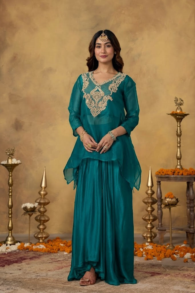 Pine Green Embellished Satin Silk Skirt Set