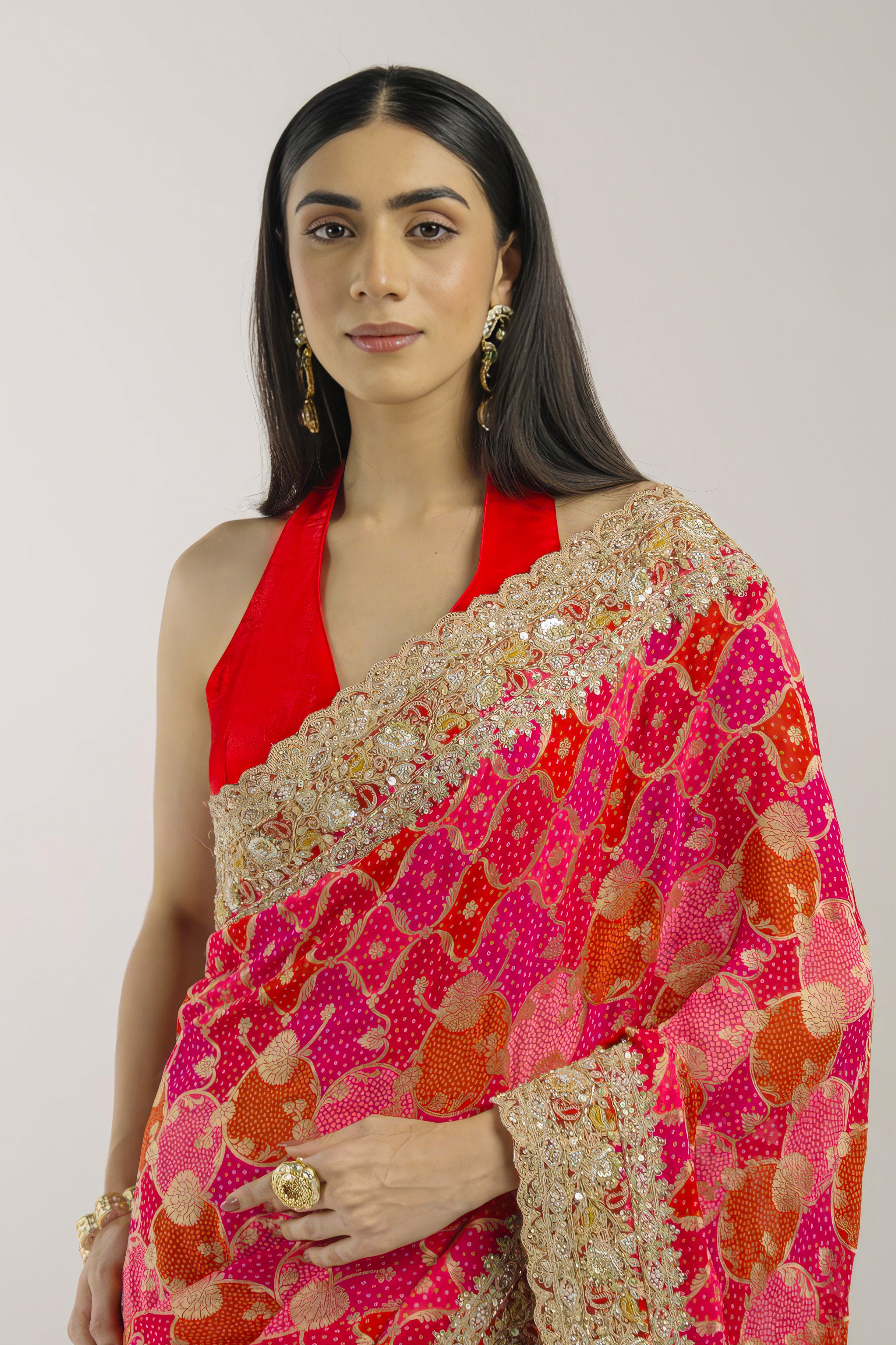 Fuchsia & Red Embellished Premium Silk Saree