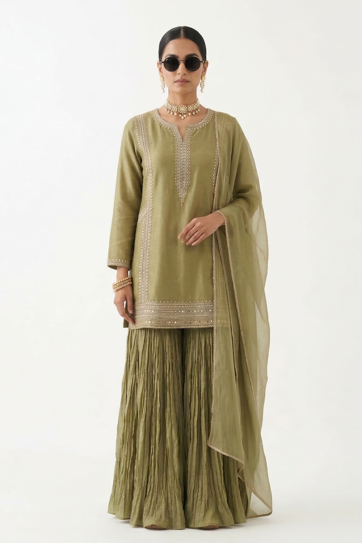 Sage Green Embellished Chinon Silk Sharara Set