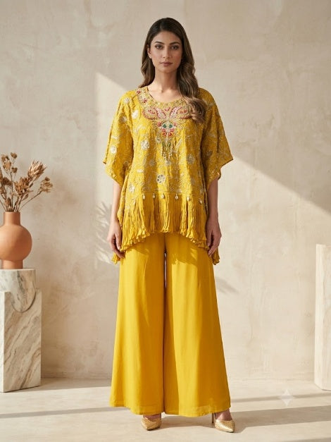 Mustard Embellished Chinon Silk Kaftan Set