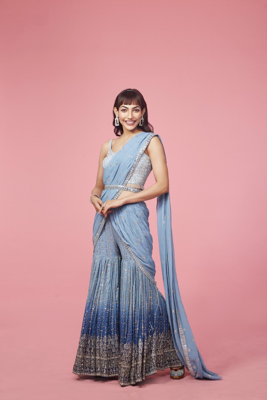 Pastel Blue Embroidered Draped Sharara Set