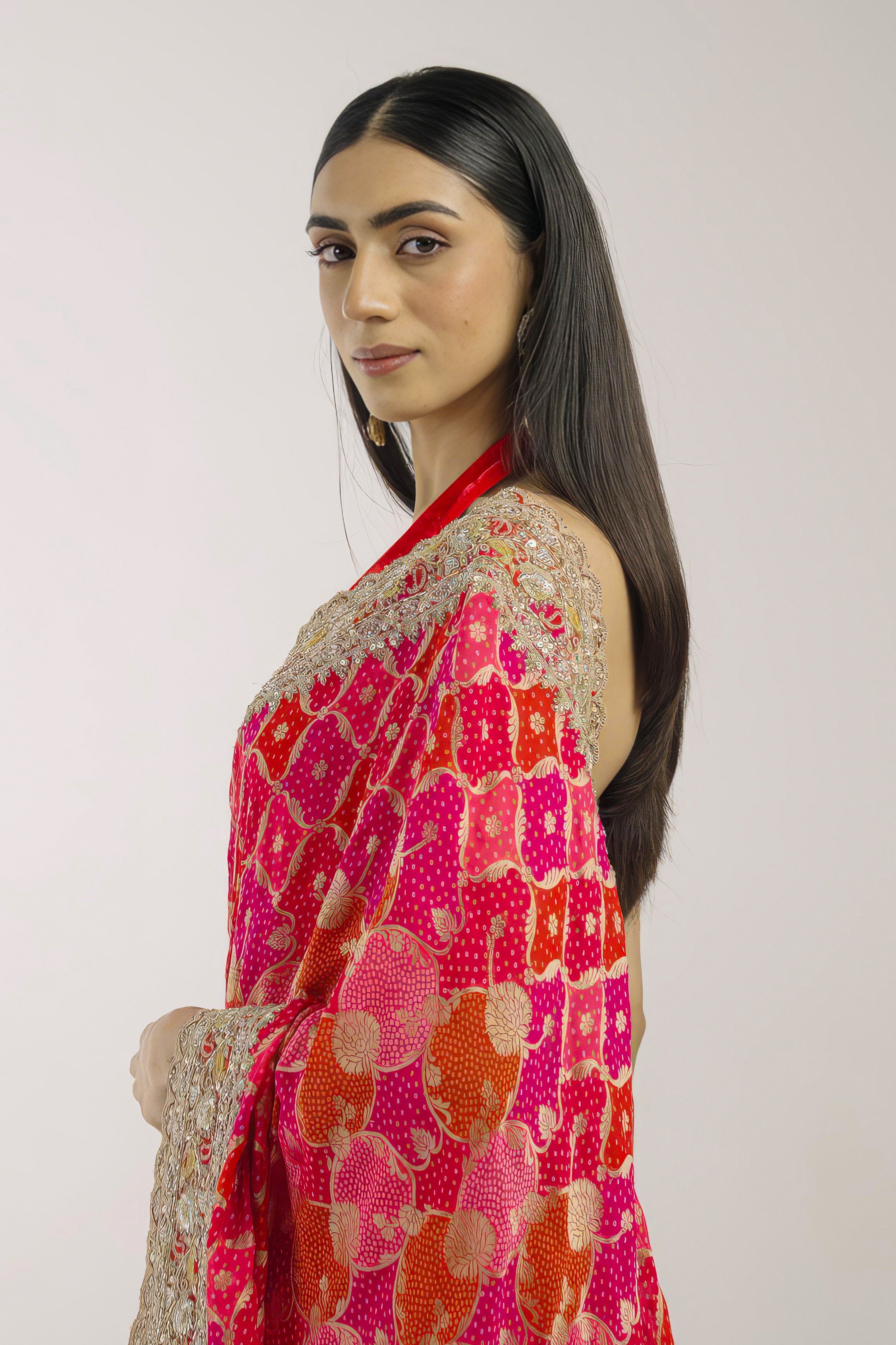 Fuchsia & Red Embellished Premium Silk Saree