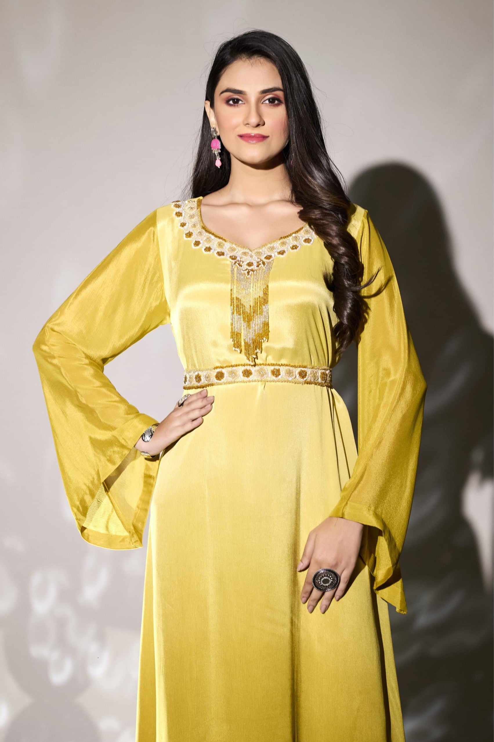 Pastel Yellow Embellished Premium Chinon Silk Gown