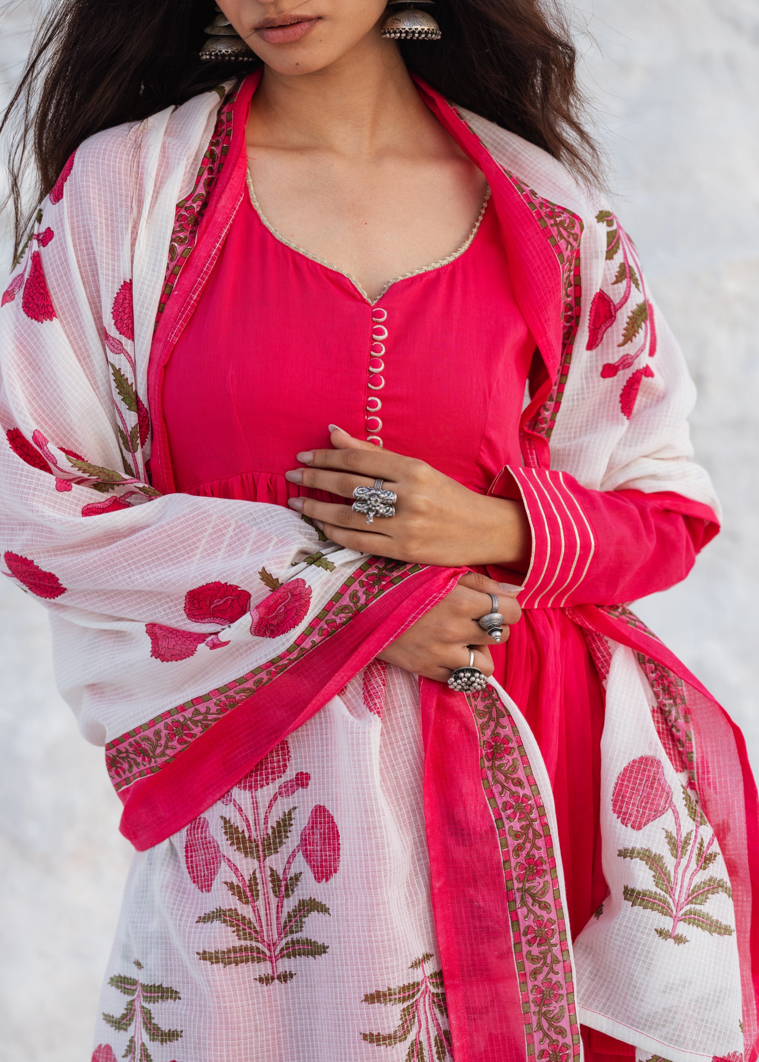 Magenta Pink Embellished Mul Cotton Anarkali Set