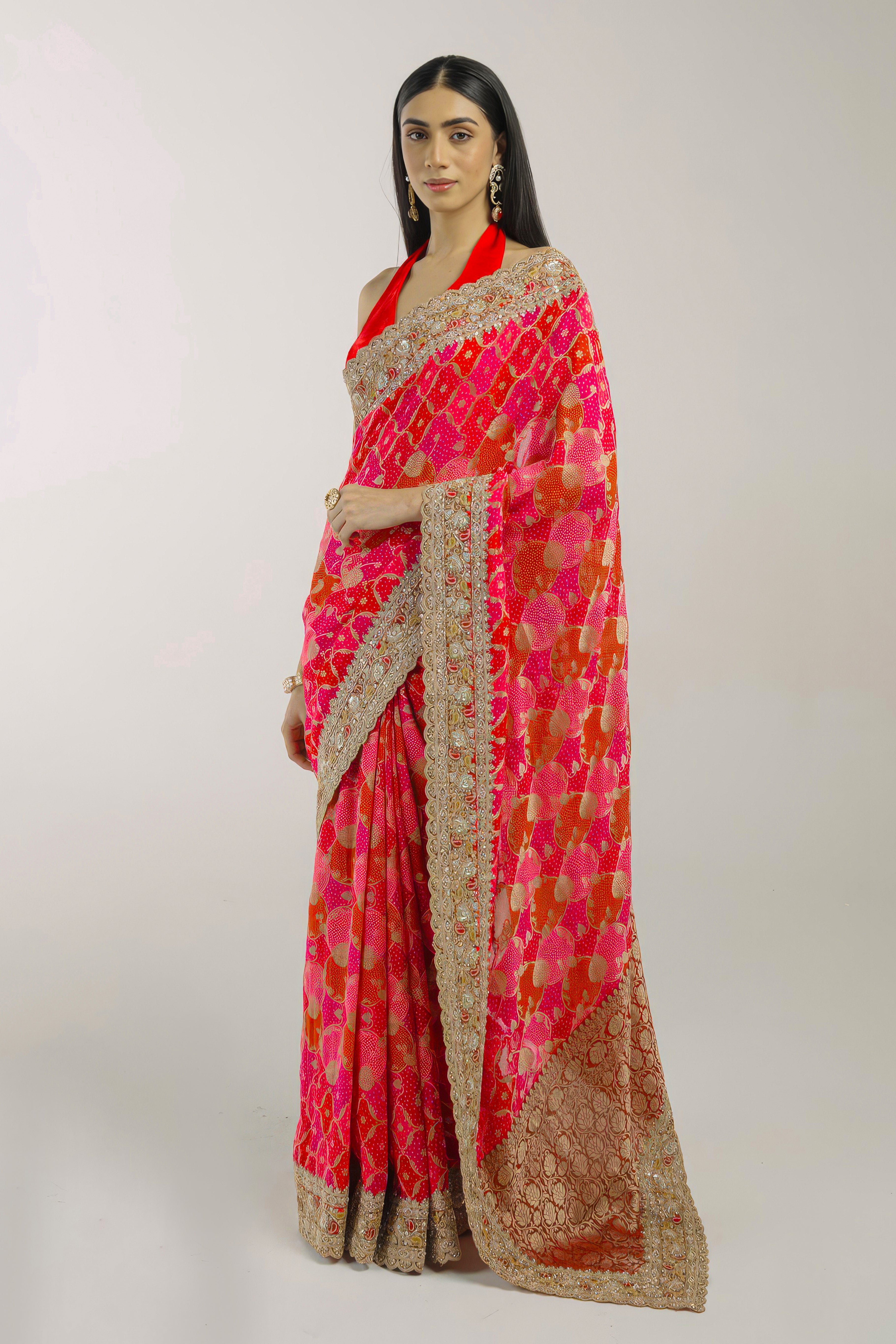 Fuchsia & Red Embellished Premium Silk Saree