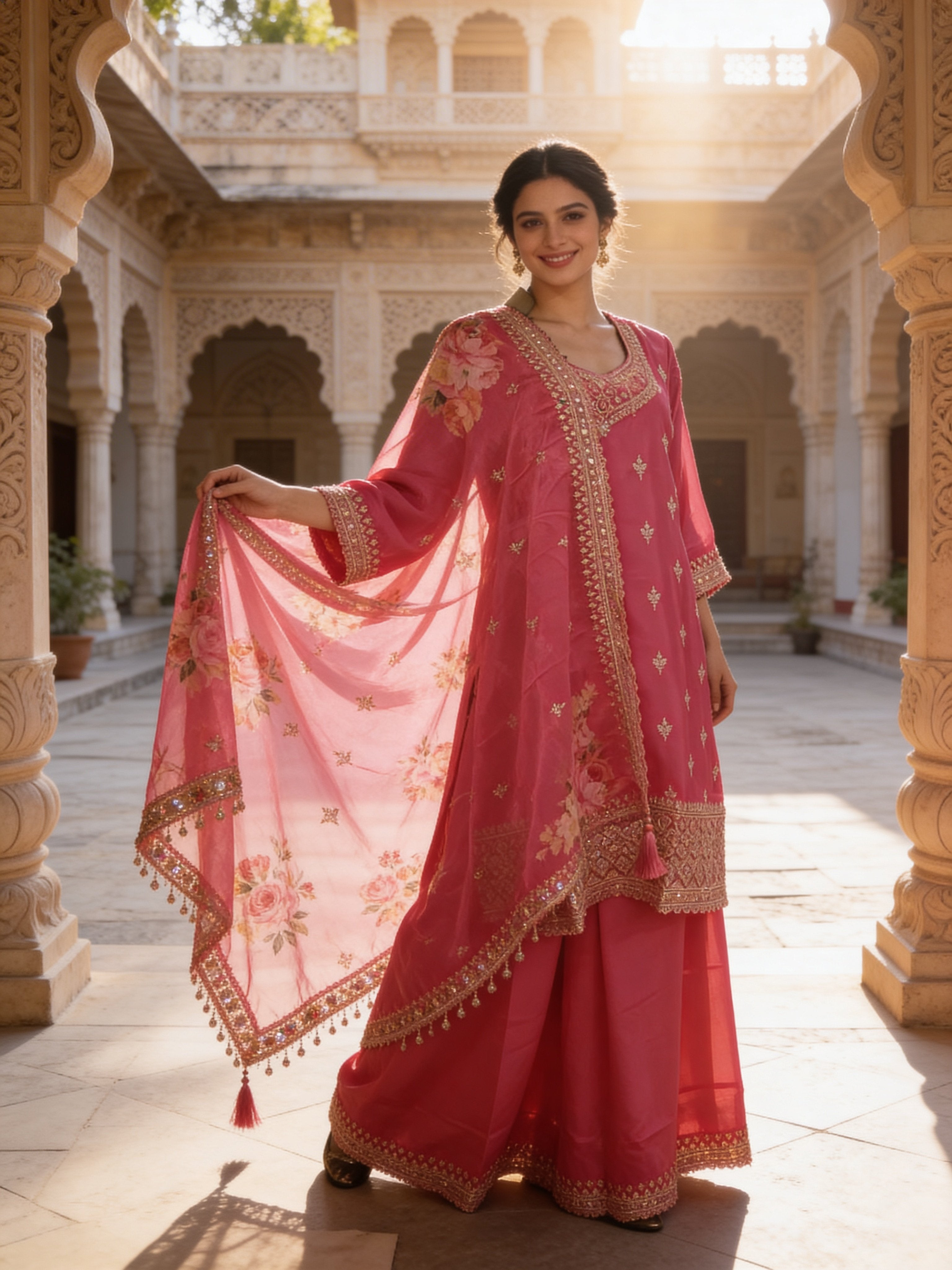 Rose Pink Embellished Chinon Silk Palazzo Set