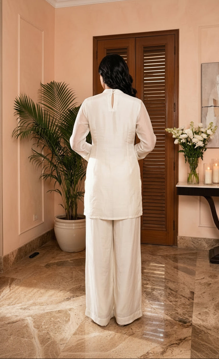 Milk White Embellished Chinon Silk Palazzo Set