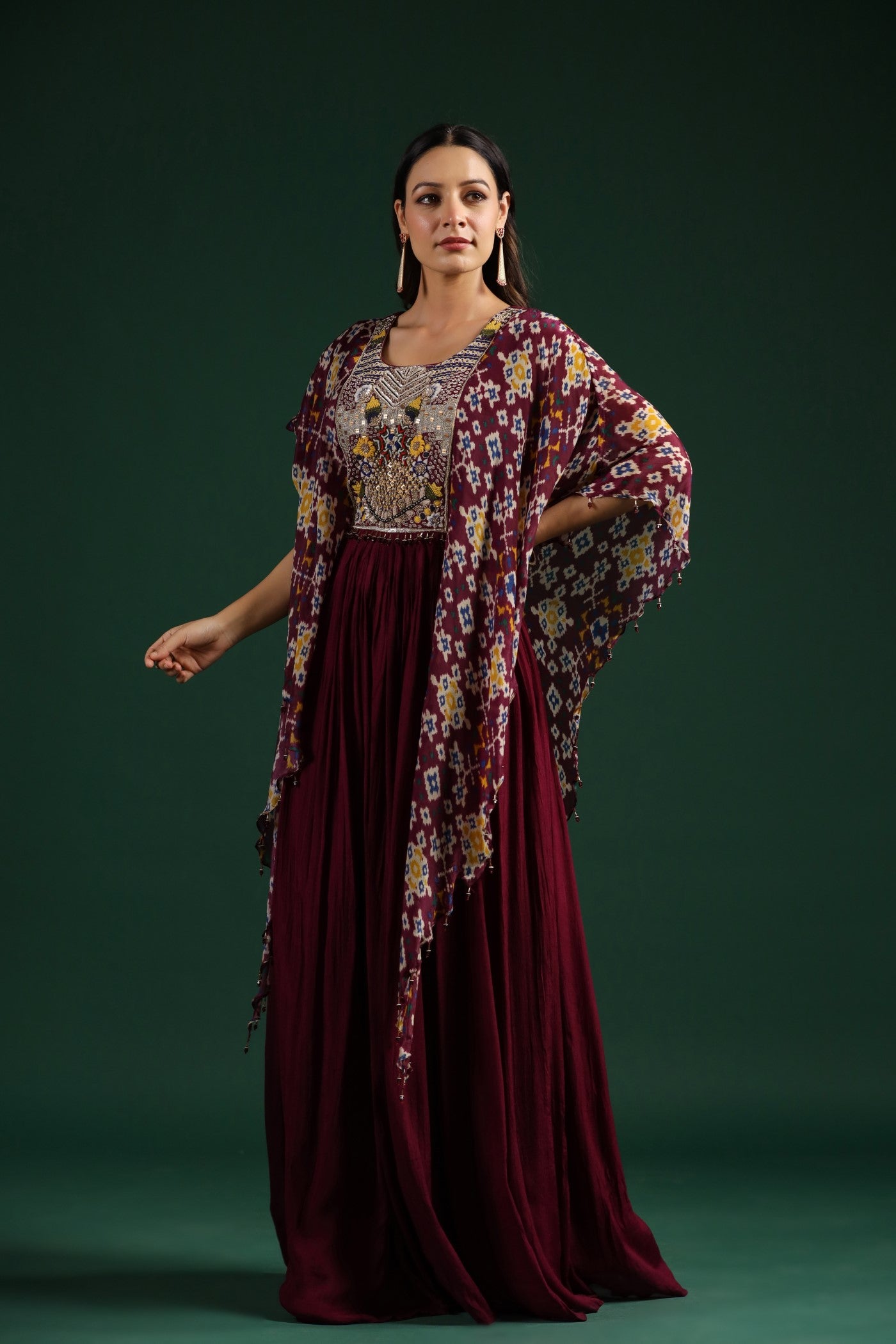 Wine Chinnon Silk Kaftan Style Gown