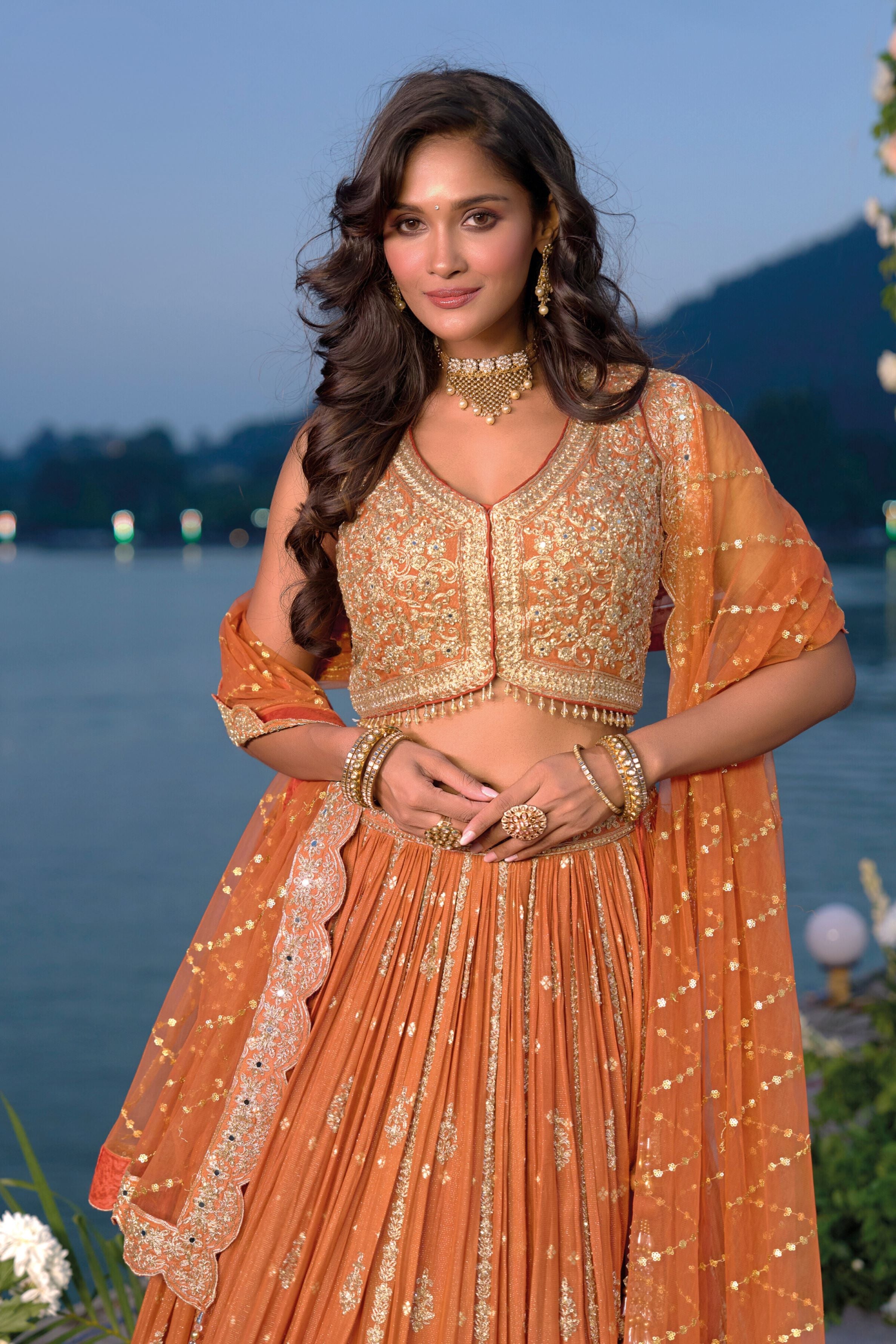 Dusty Orange Embellished Chinon Silk Lehenga Set