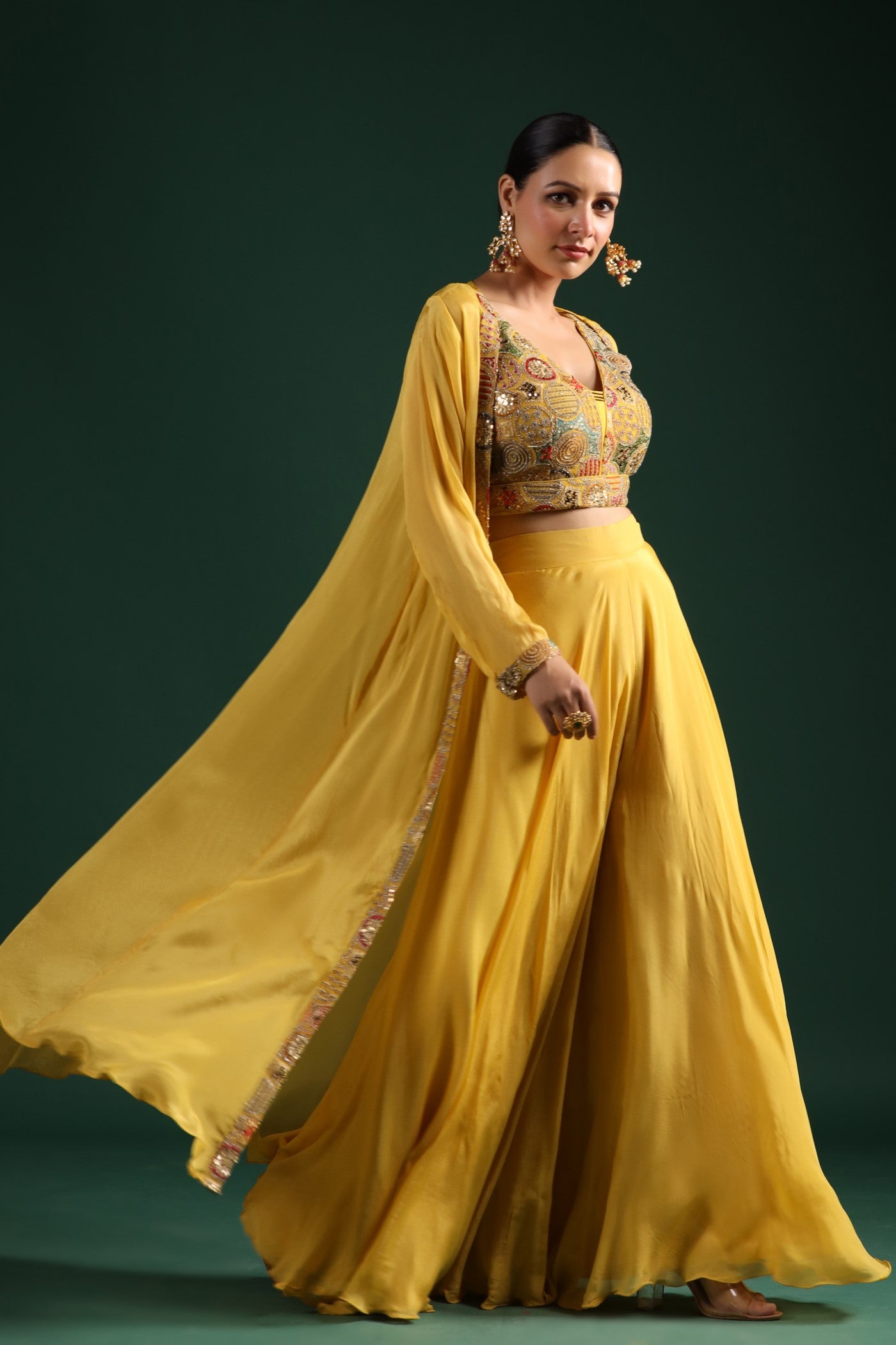 Festive Yellow Embroidered Cape Set