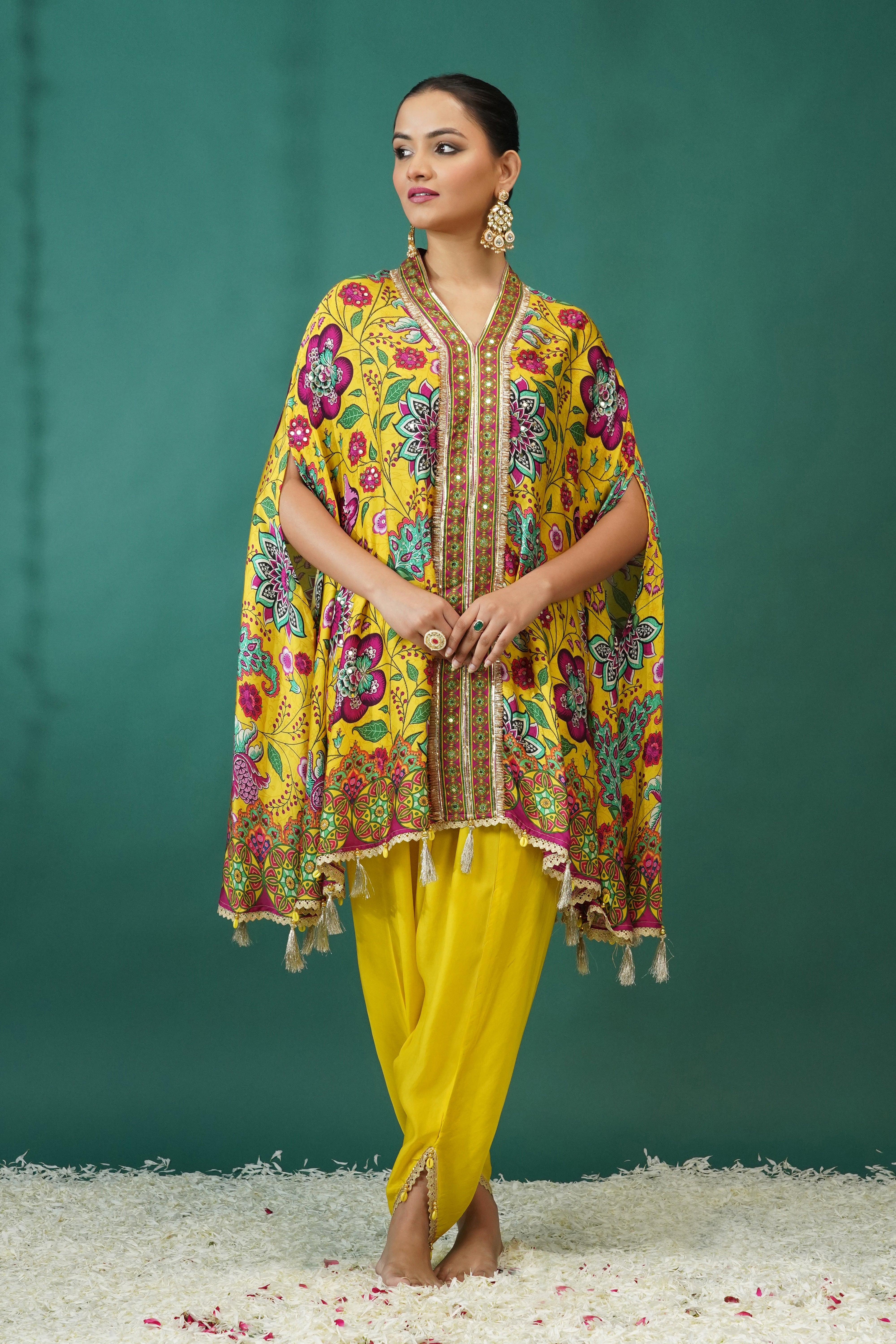 Light Yellow Floral Printed Crepe Silk Kaftan Set