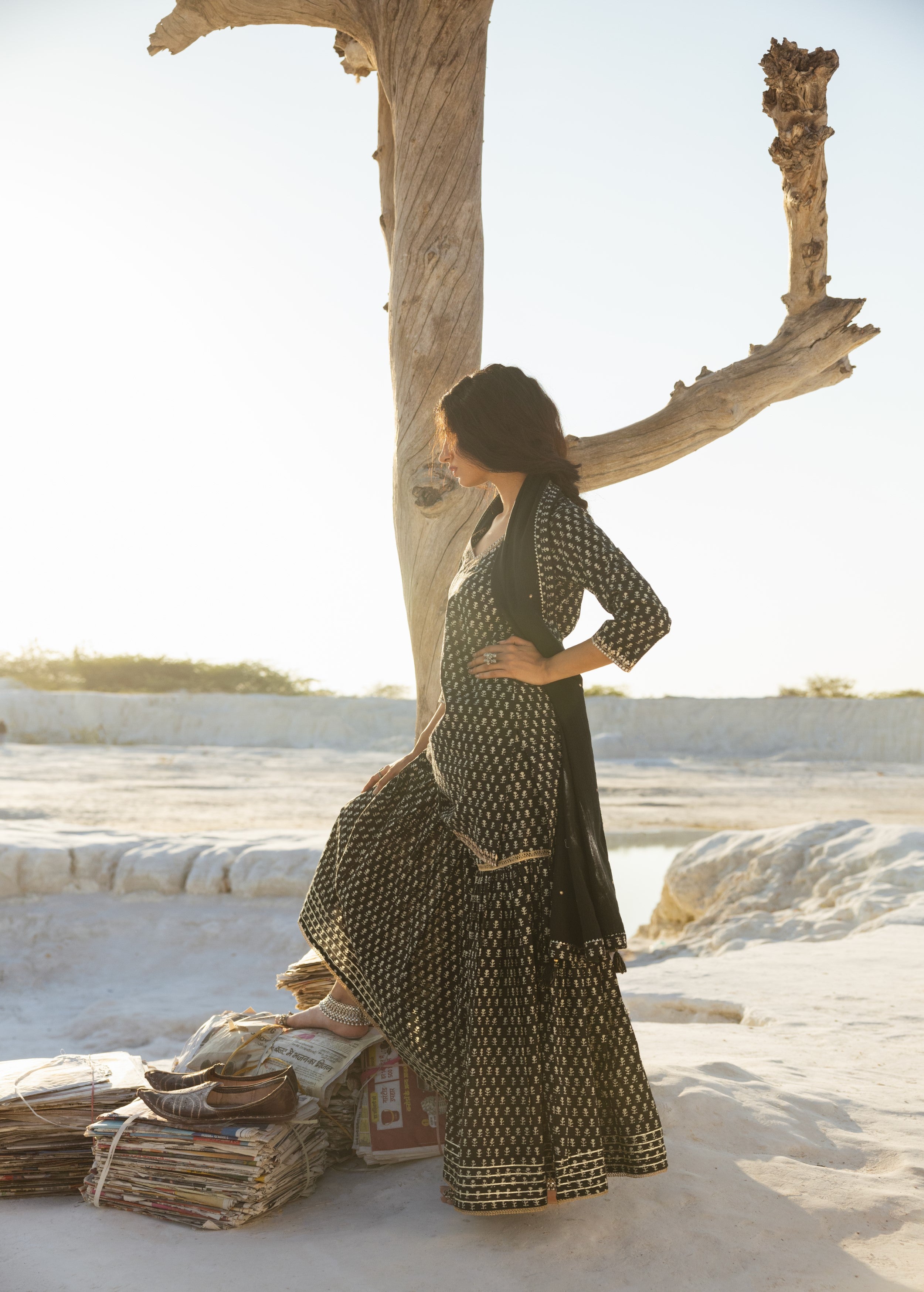 Black Block Printed Organic Cotton Sharara Set