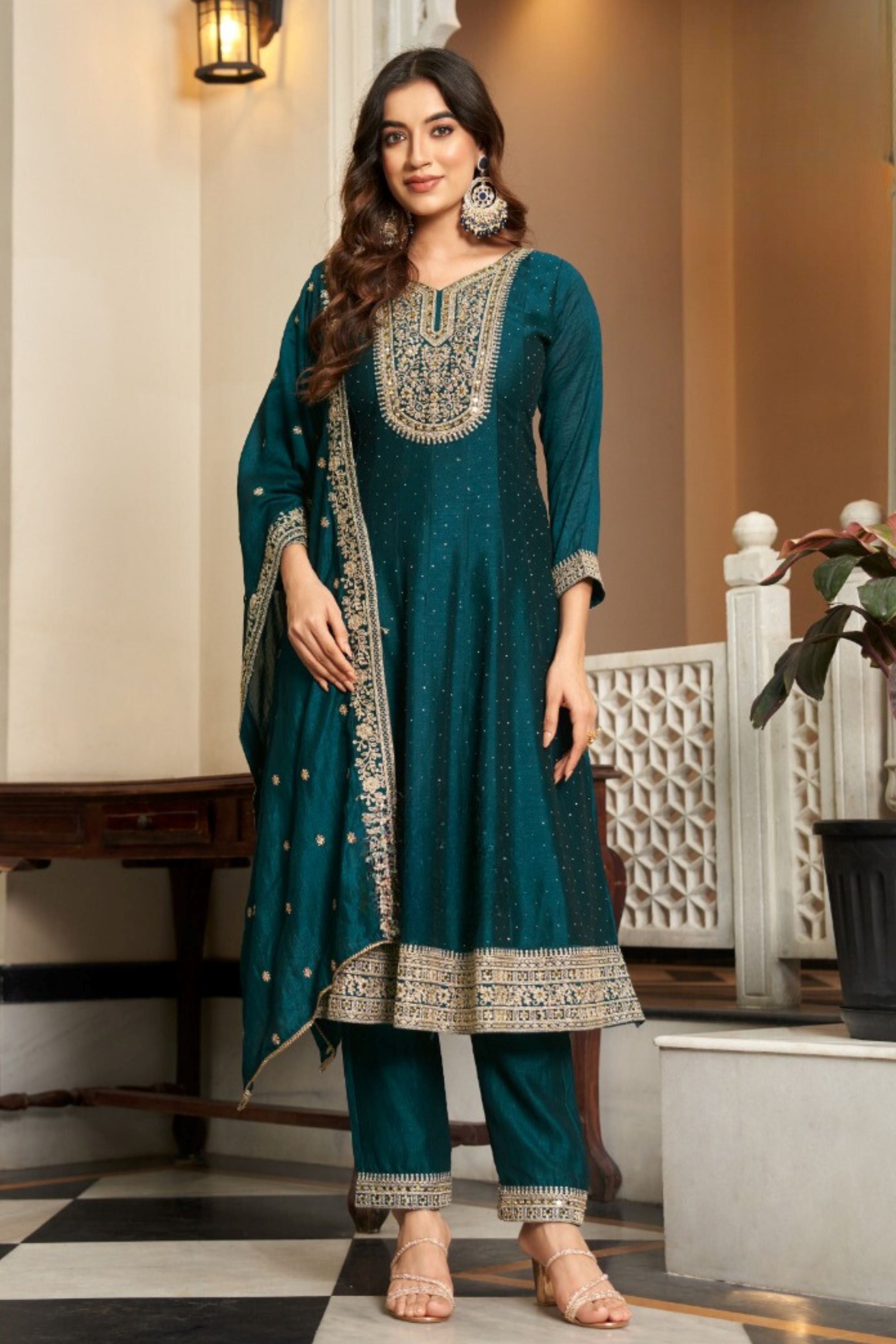 Teal Embellished Premium Silk Anarkali Set