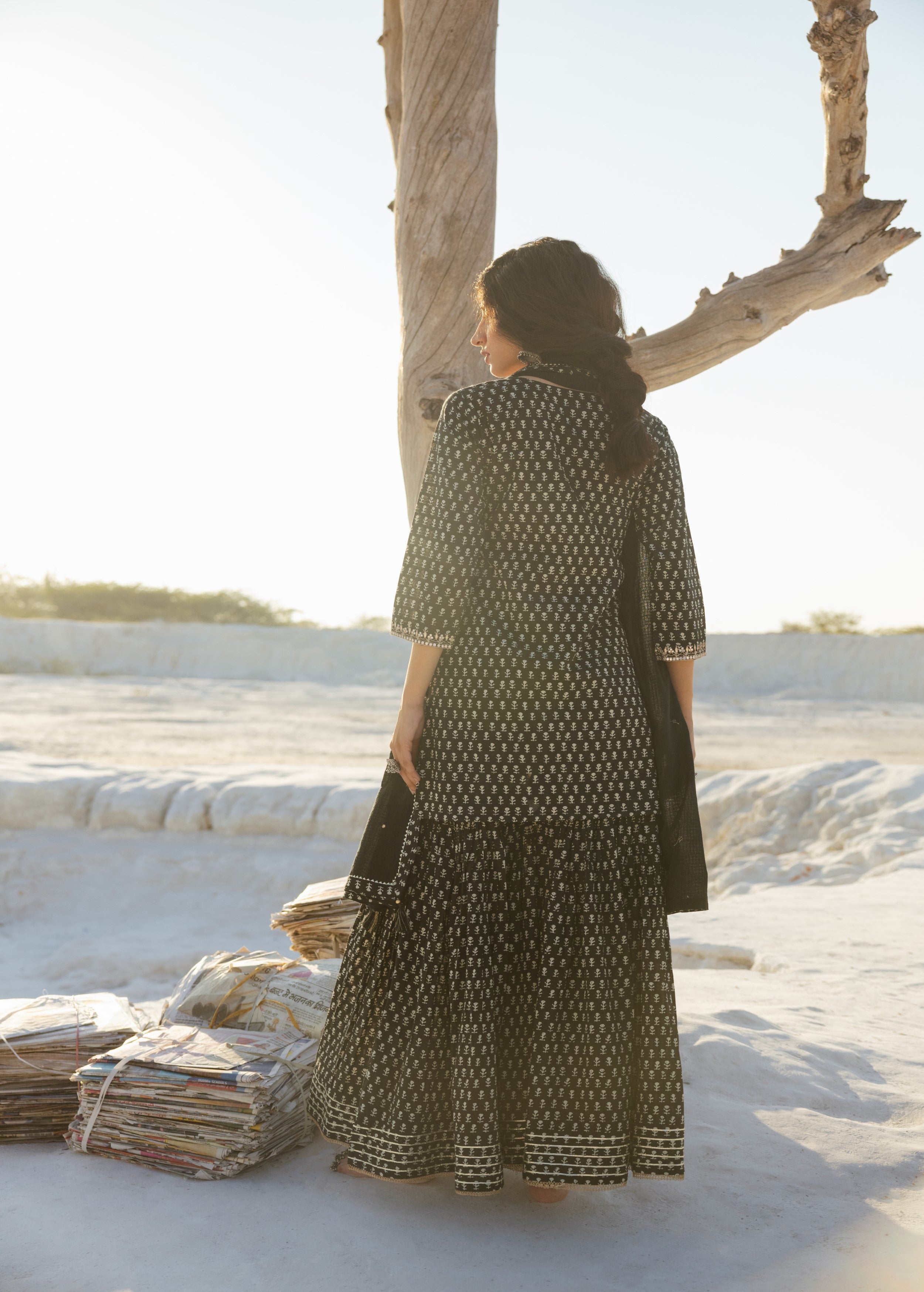 Black Block Printed Organic Cotton Sharara Set