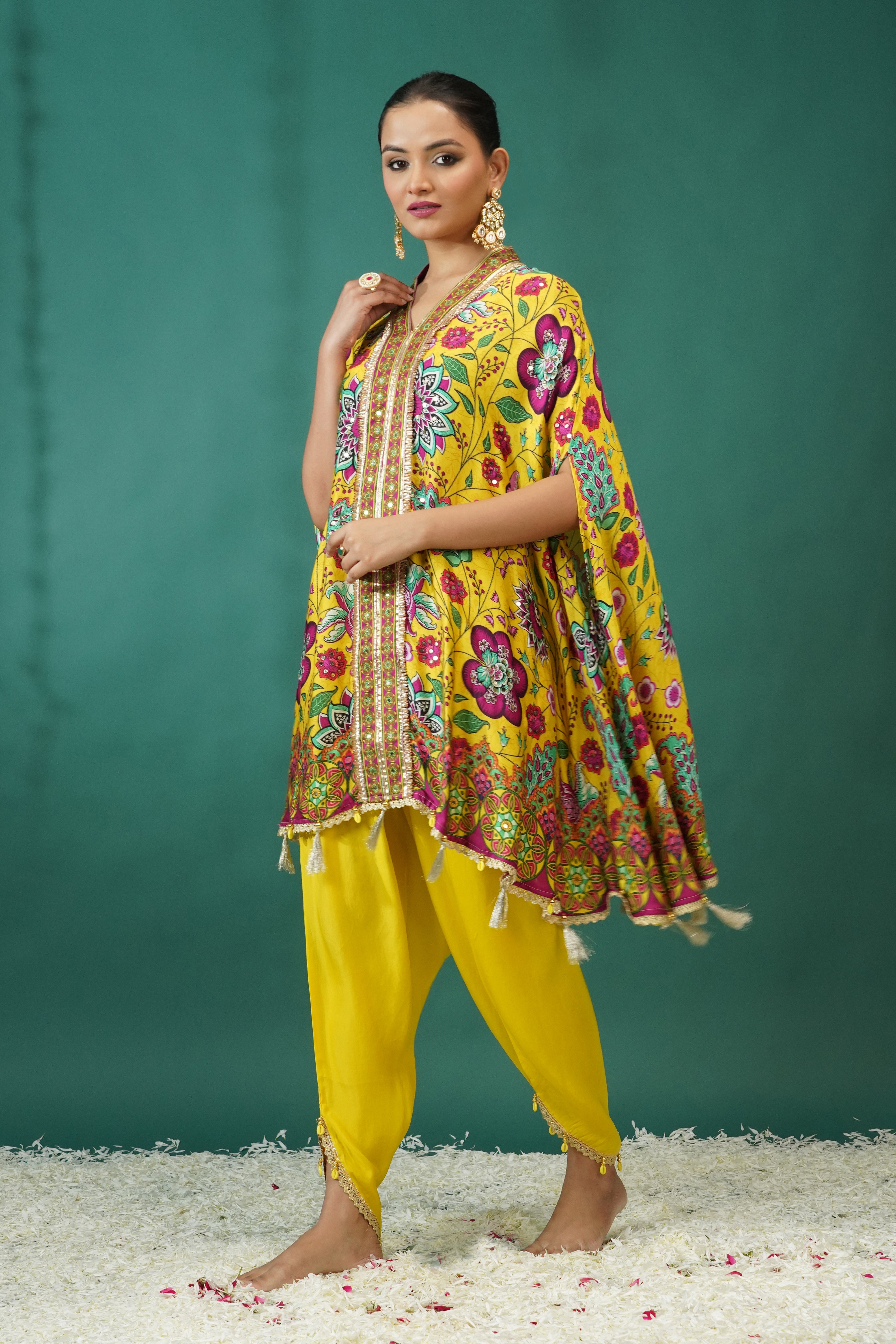 Light Yellow Floral Printed Crepe Silk Kaftan Set