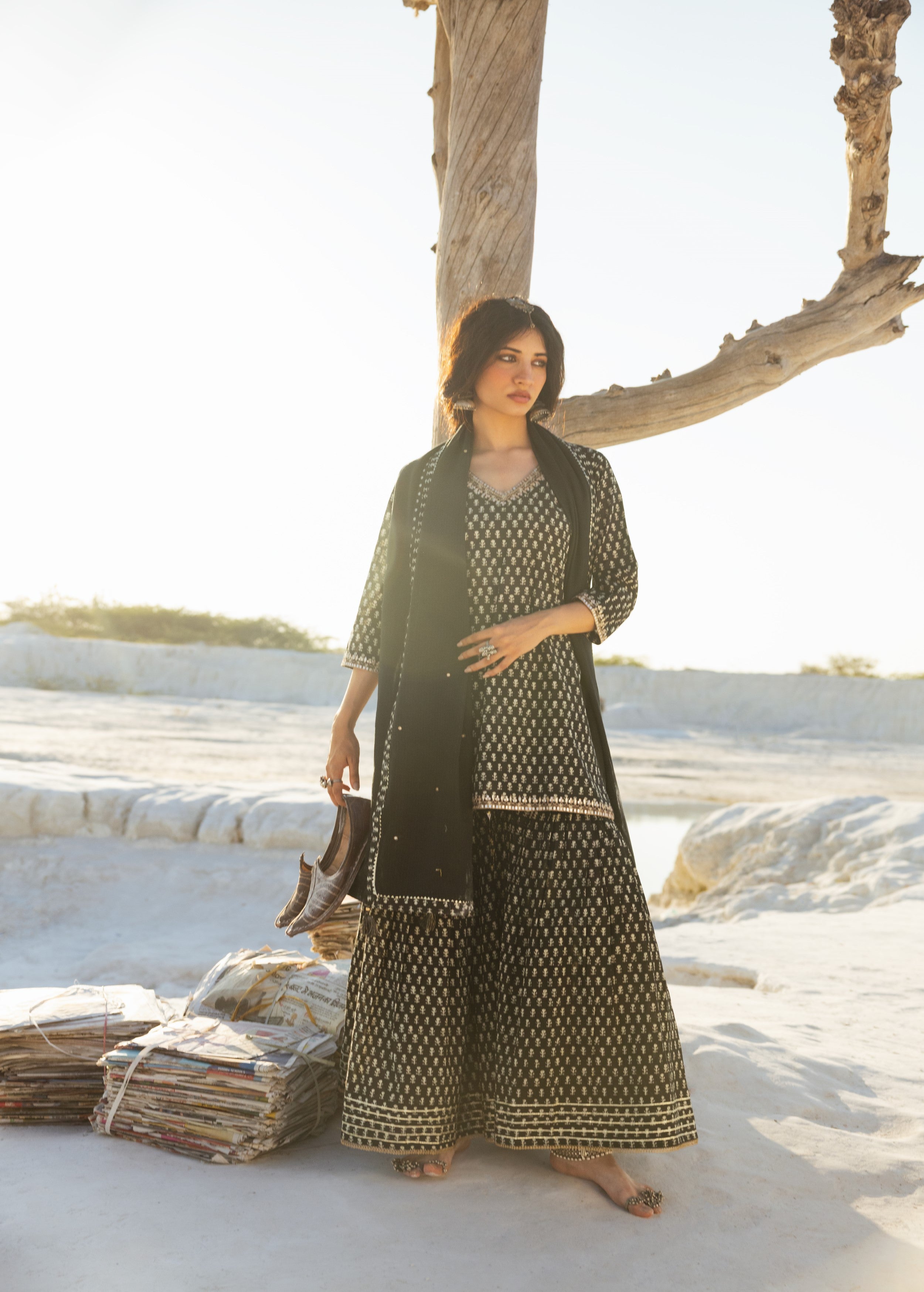 Black Block Printed Organic Cotton Sharara Set