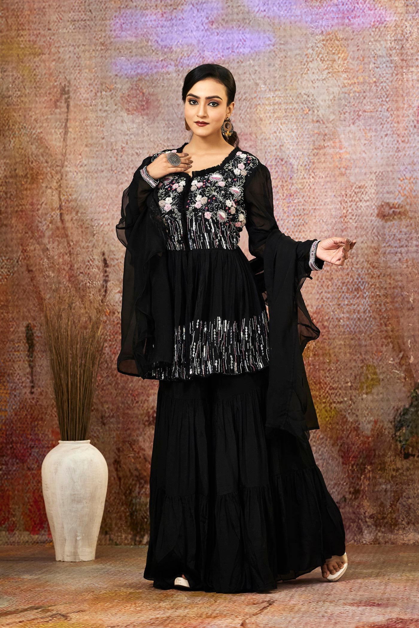 Black Embellished Pure Crepe Silk Sharara Set
