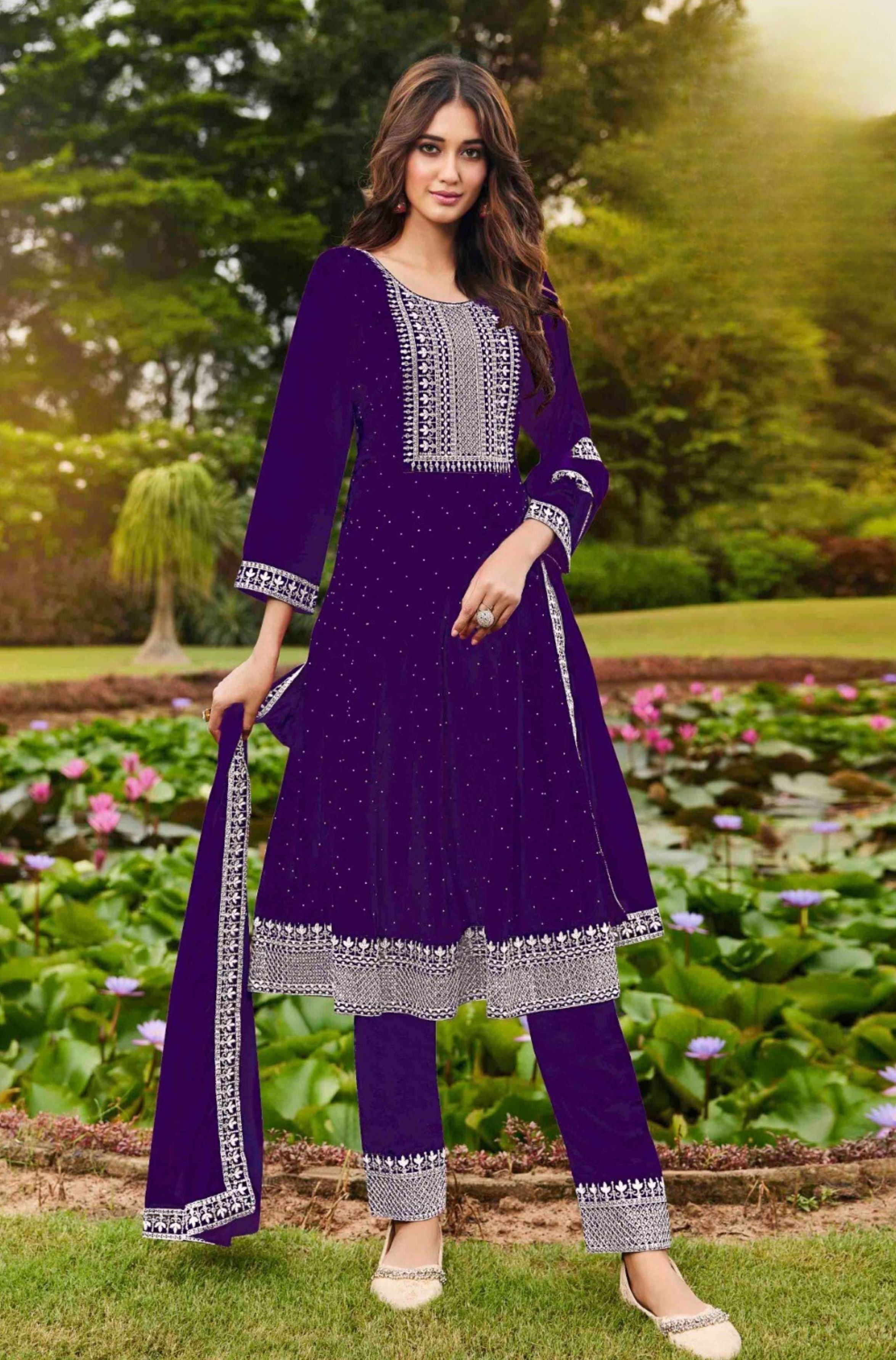 Purple Embellished Premium Silk Anarkali Set