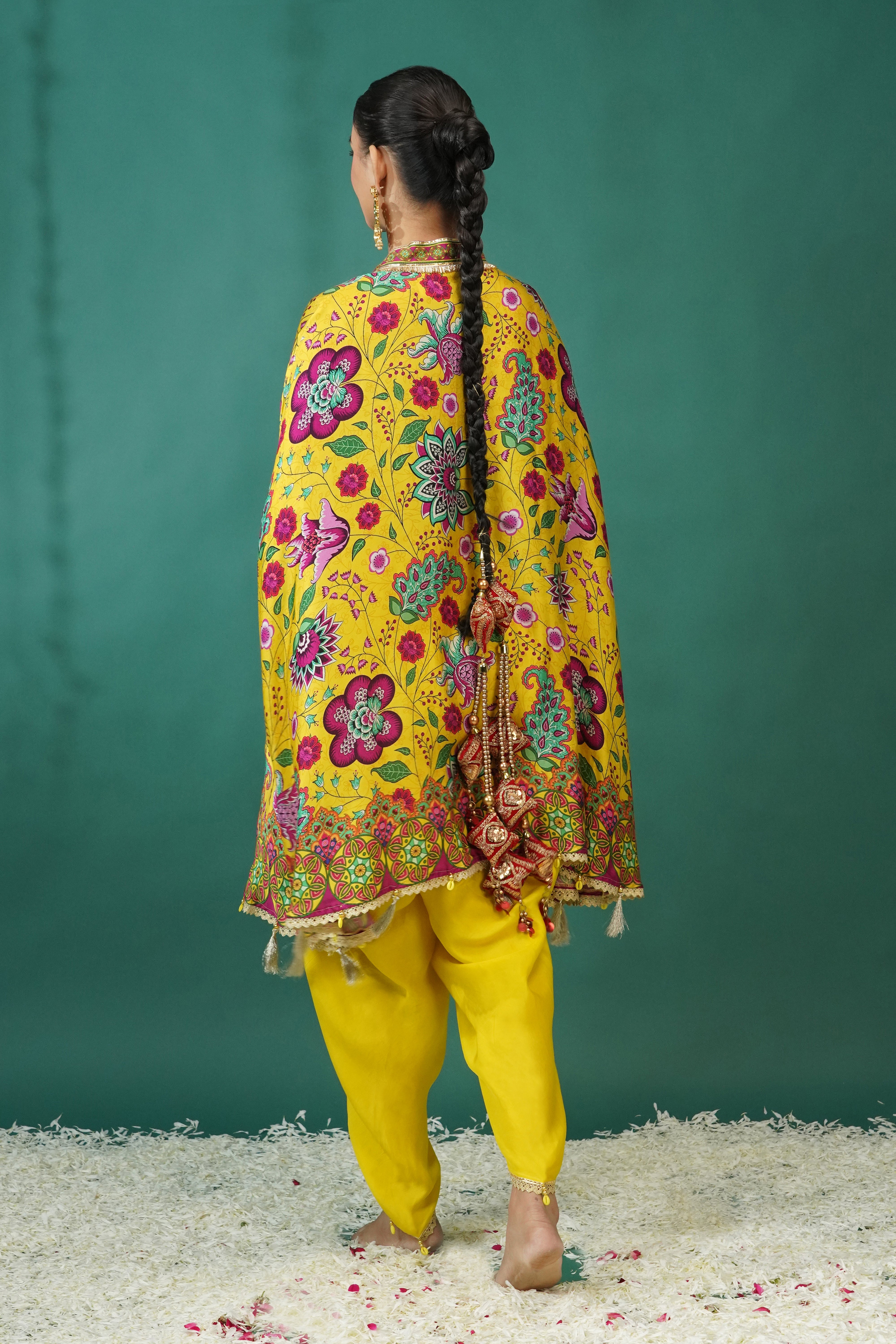 Light Yellow Floral Printed Crepe Silk Kaftan Set