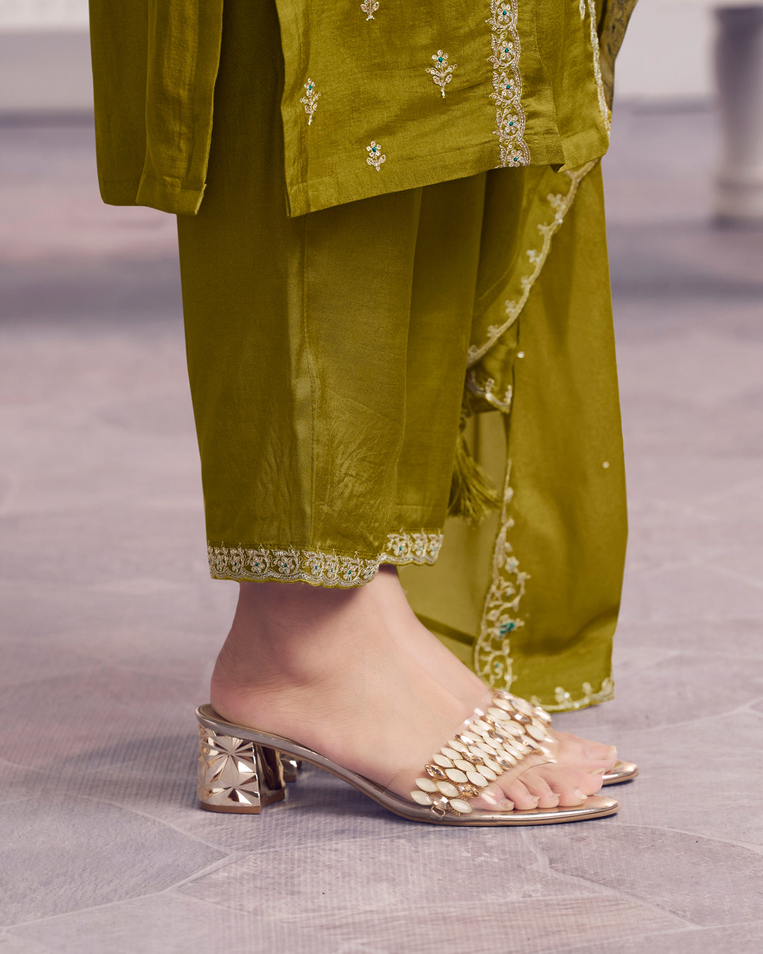 Sage Charm Embellished Dola Silk Pant Set