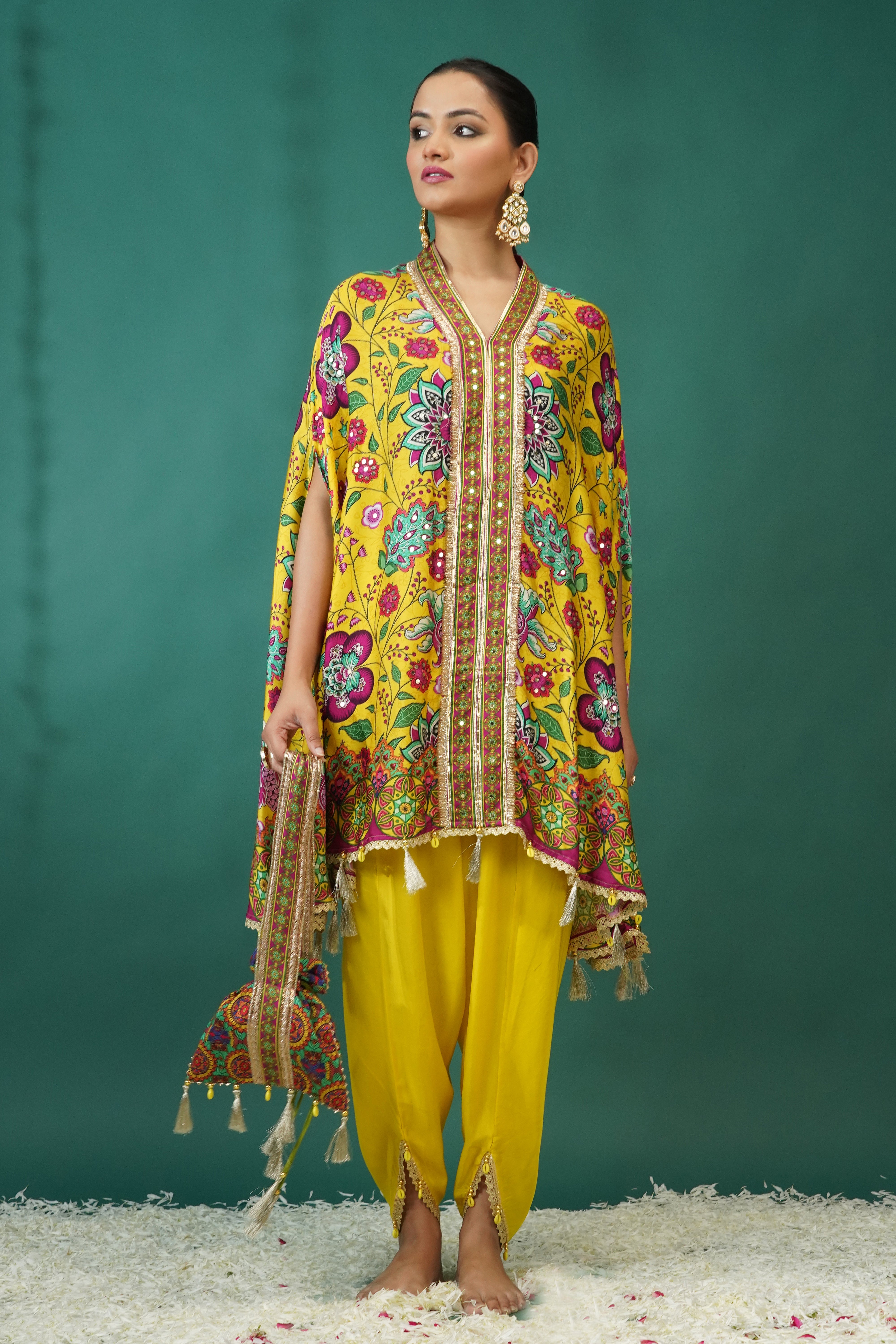 Light Yellow Floral Printed Crepe Silk Kaftan Set