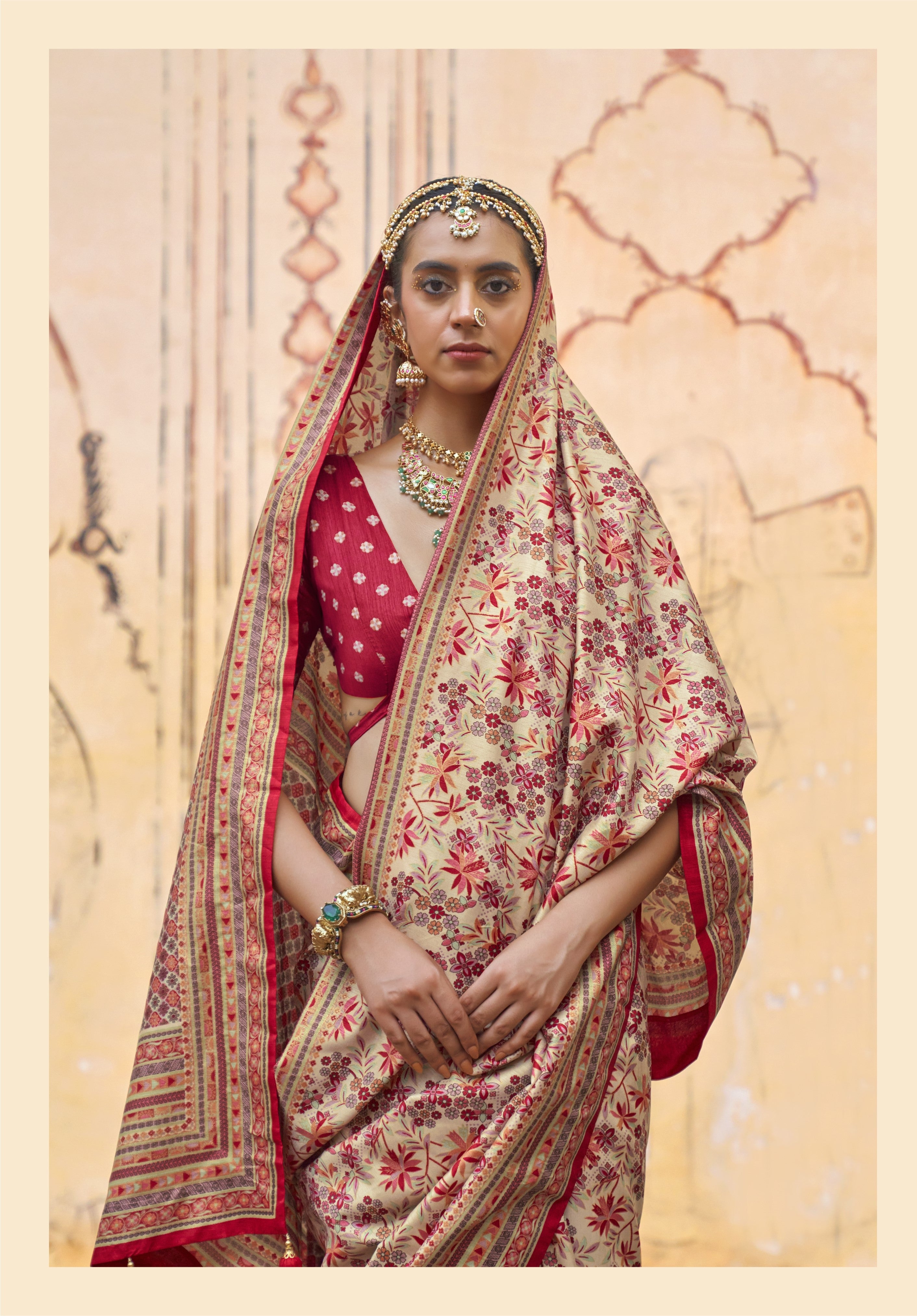 Ivory Cream Printed Premium Silk Saree