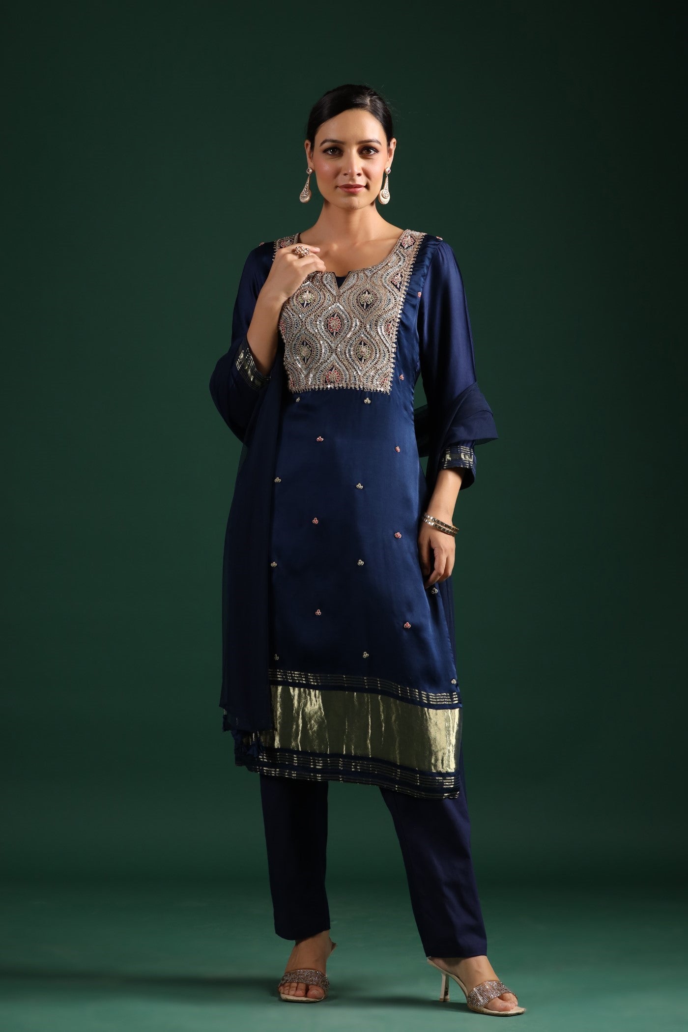 Deep Blue Zari Embroidered Gajji Silk Kurta Set