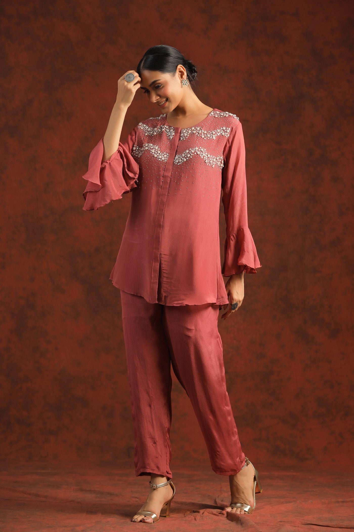 Rust Pink Embellished Wrinkled Chinon Co-ord Set