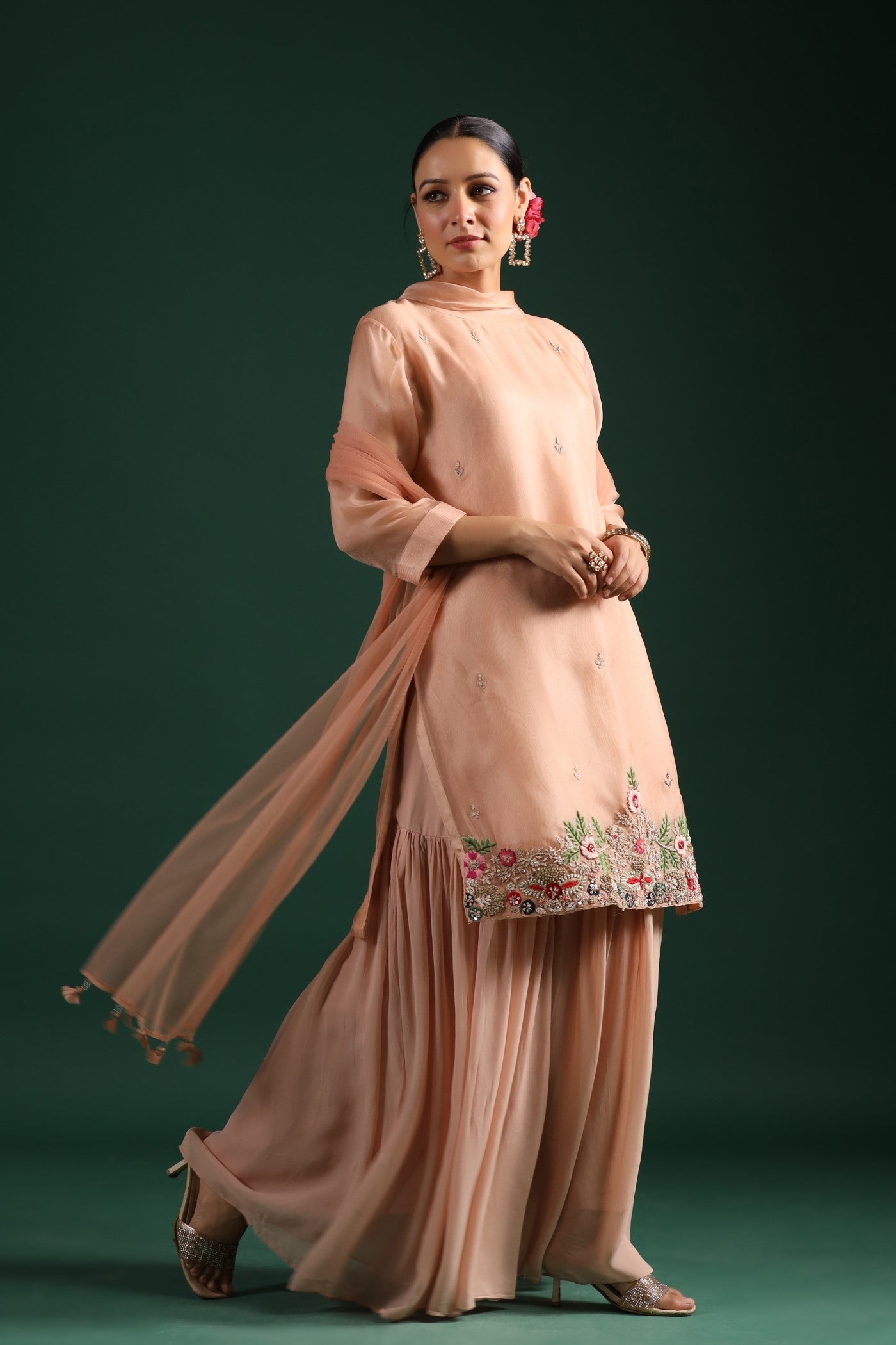 Pastel Peach Embroidered Sharara Set