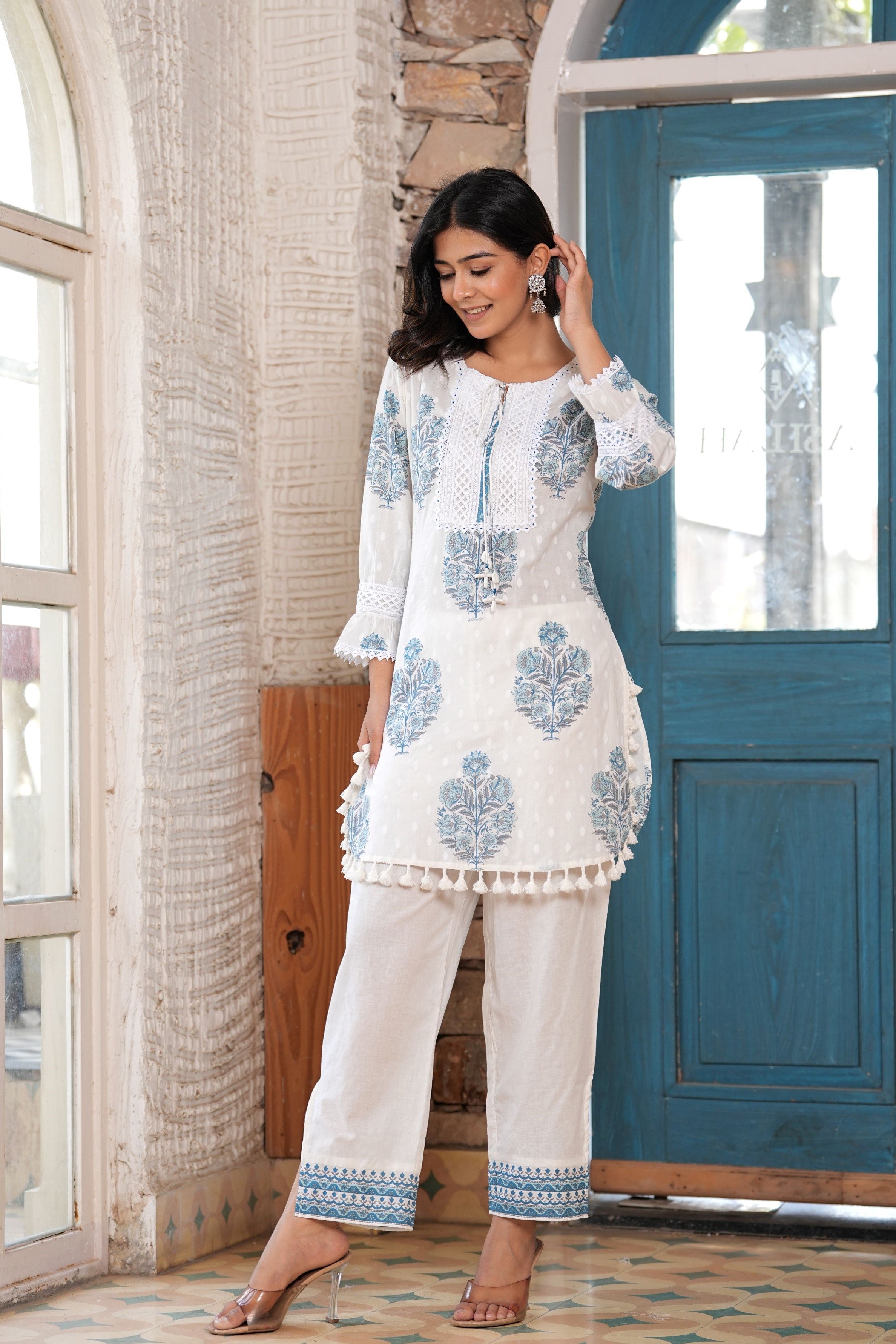 White Block Printed Premium Cotton Co-Ord Set