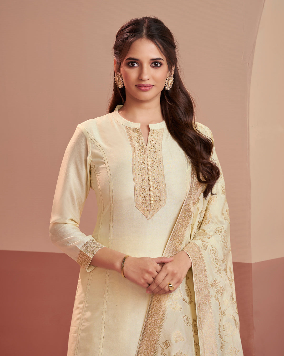 Champagne Royale Embellished Vichitra Silk Pant Set