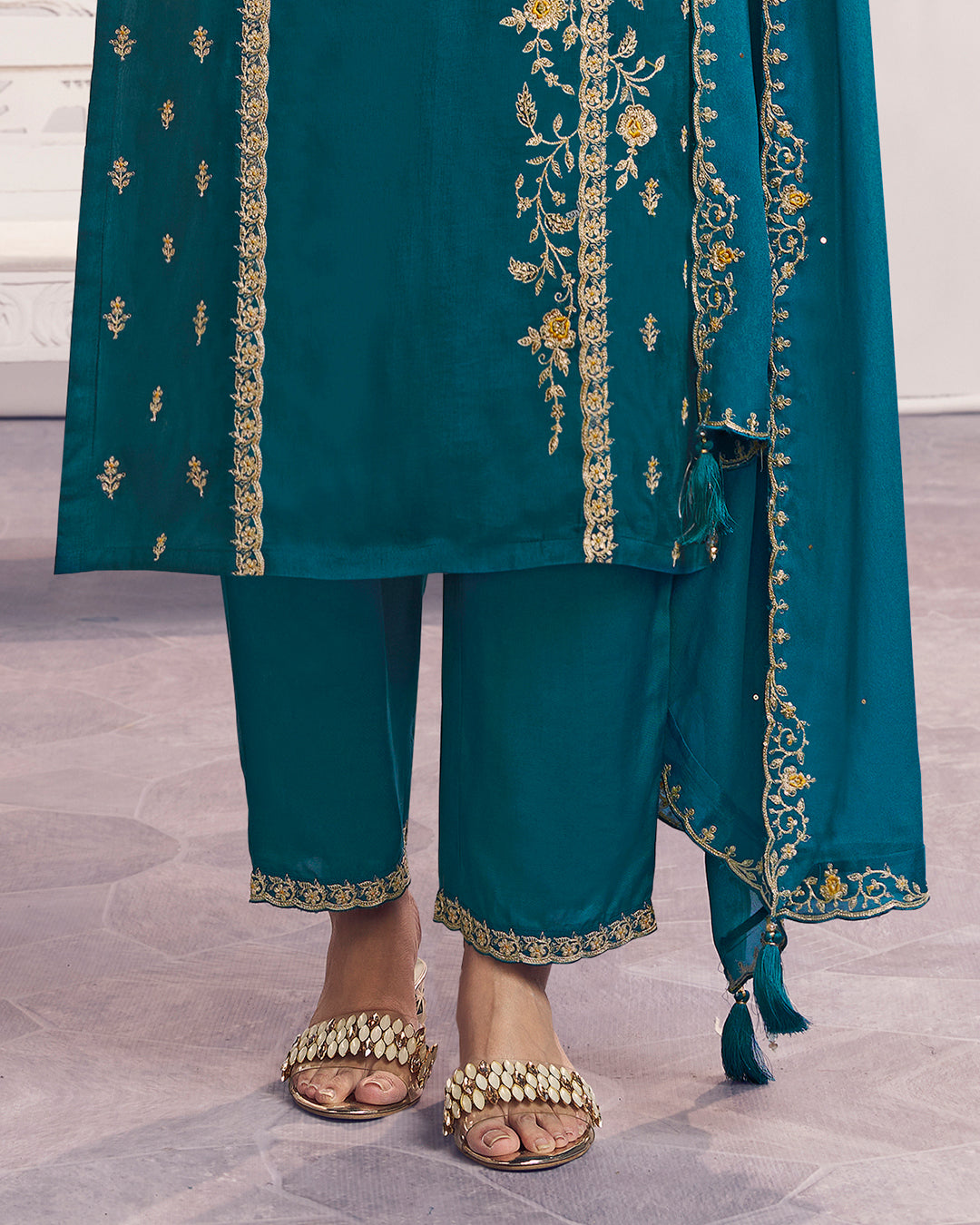 Peacock Charm Embellished Dola Silk Pant Set