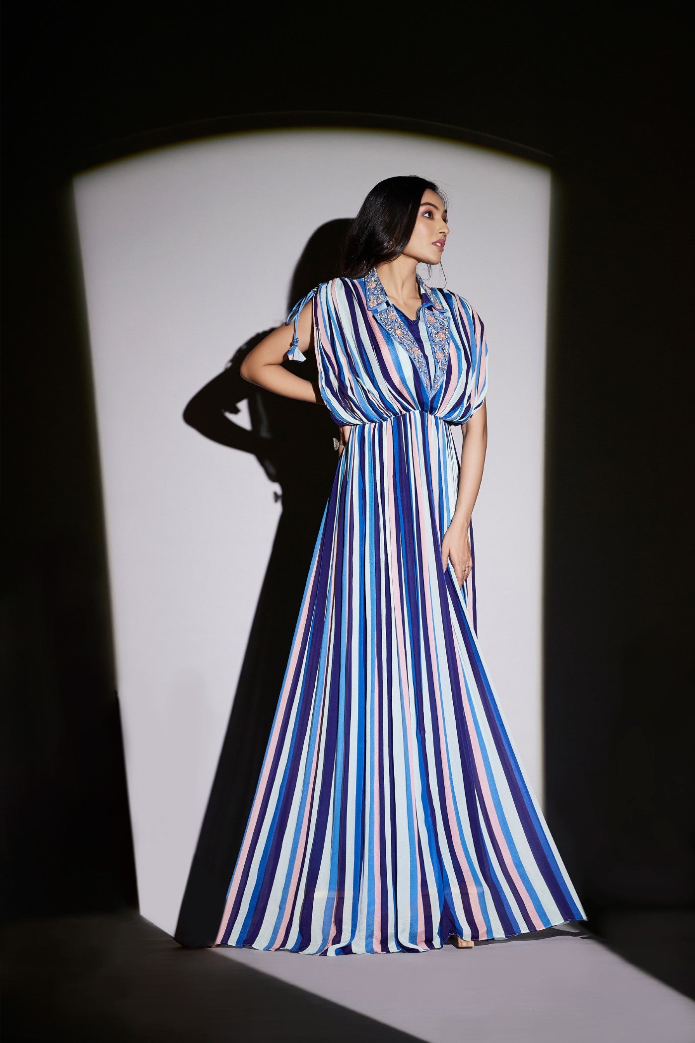 Blue Stripe Printed Italian Silk Gown