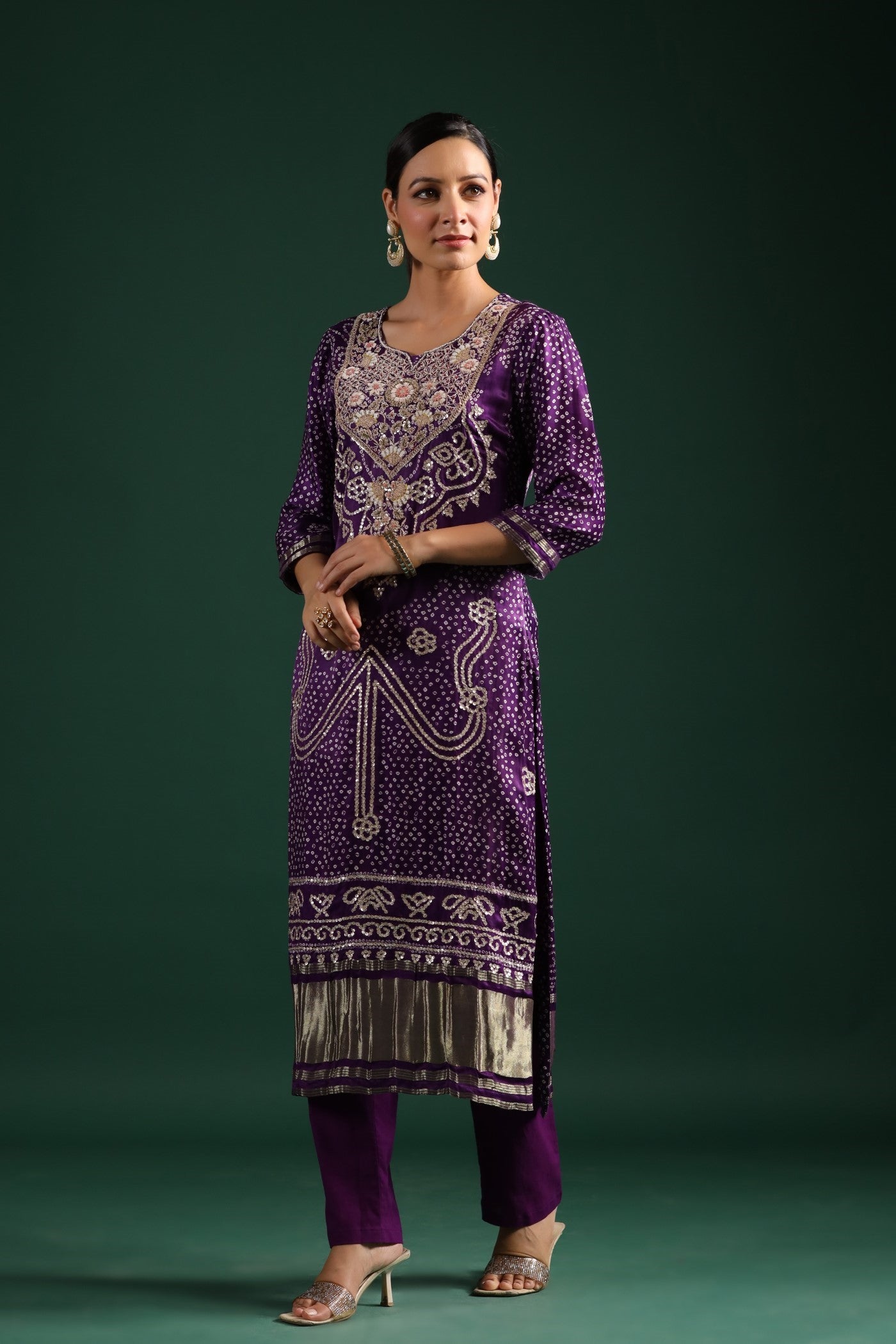 Purple Bandhani Embroidered Kurta Set