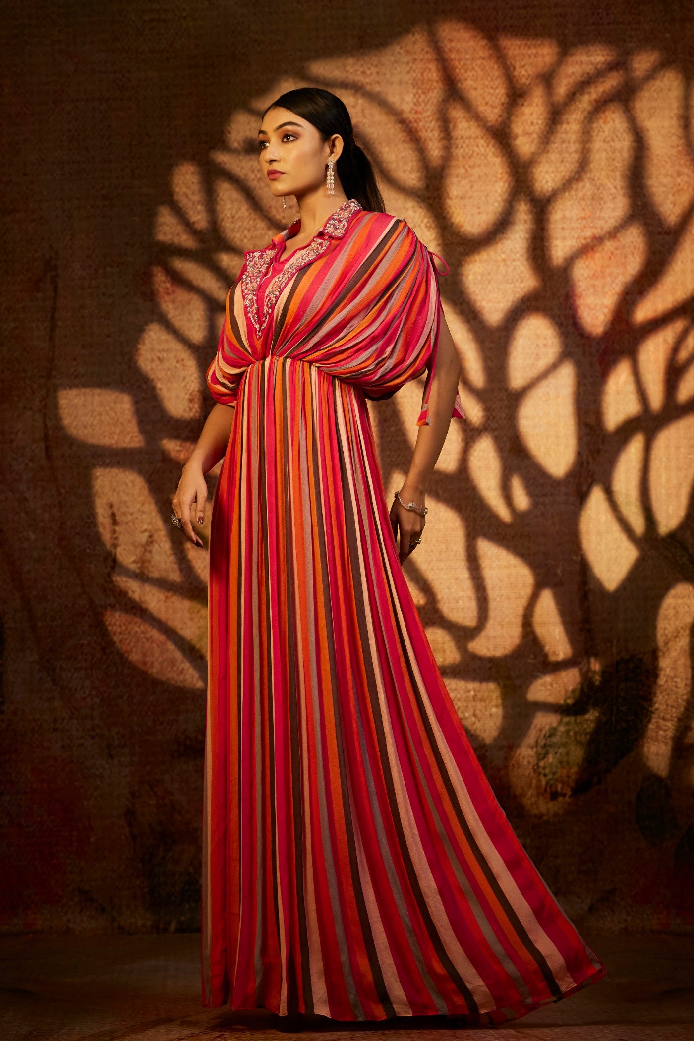Red Stripe Printed Italian Silk Gown
