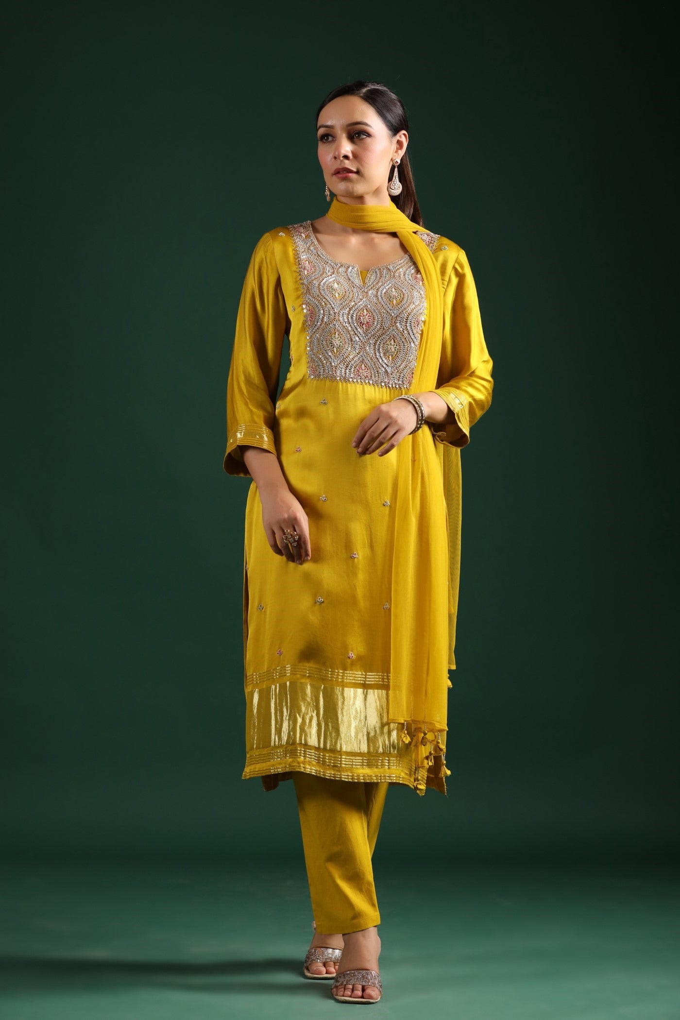 Yellow Zari Embroidered Gajji Silk Kurta Set