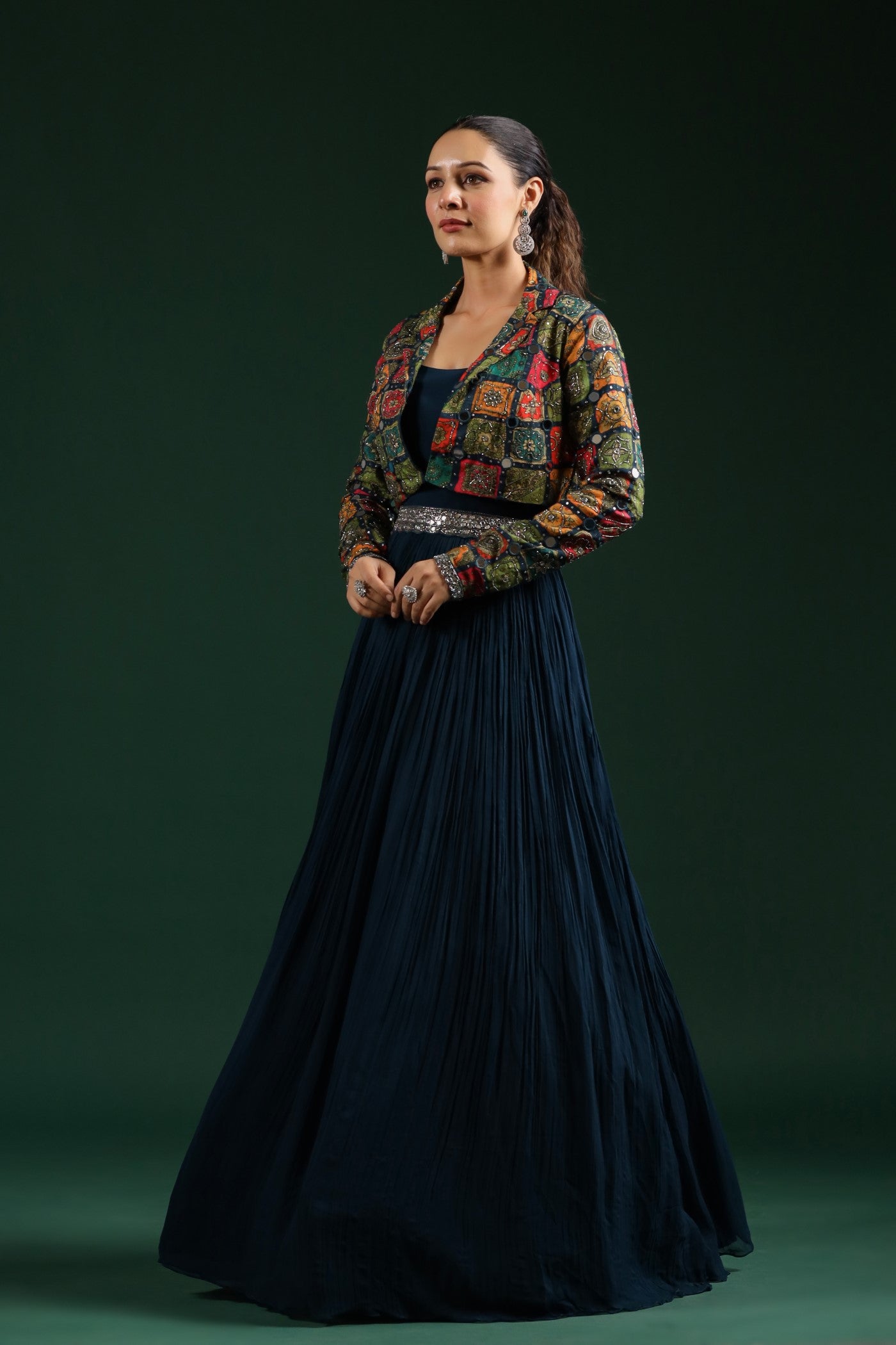 Dark Blue Embellished Gown With Cape