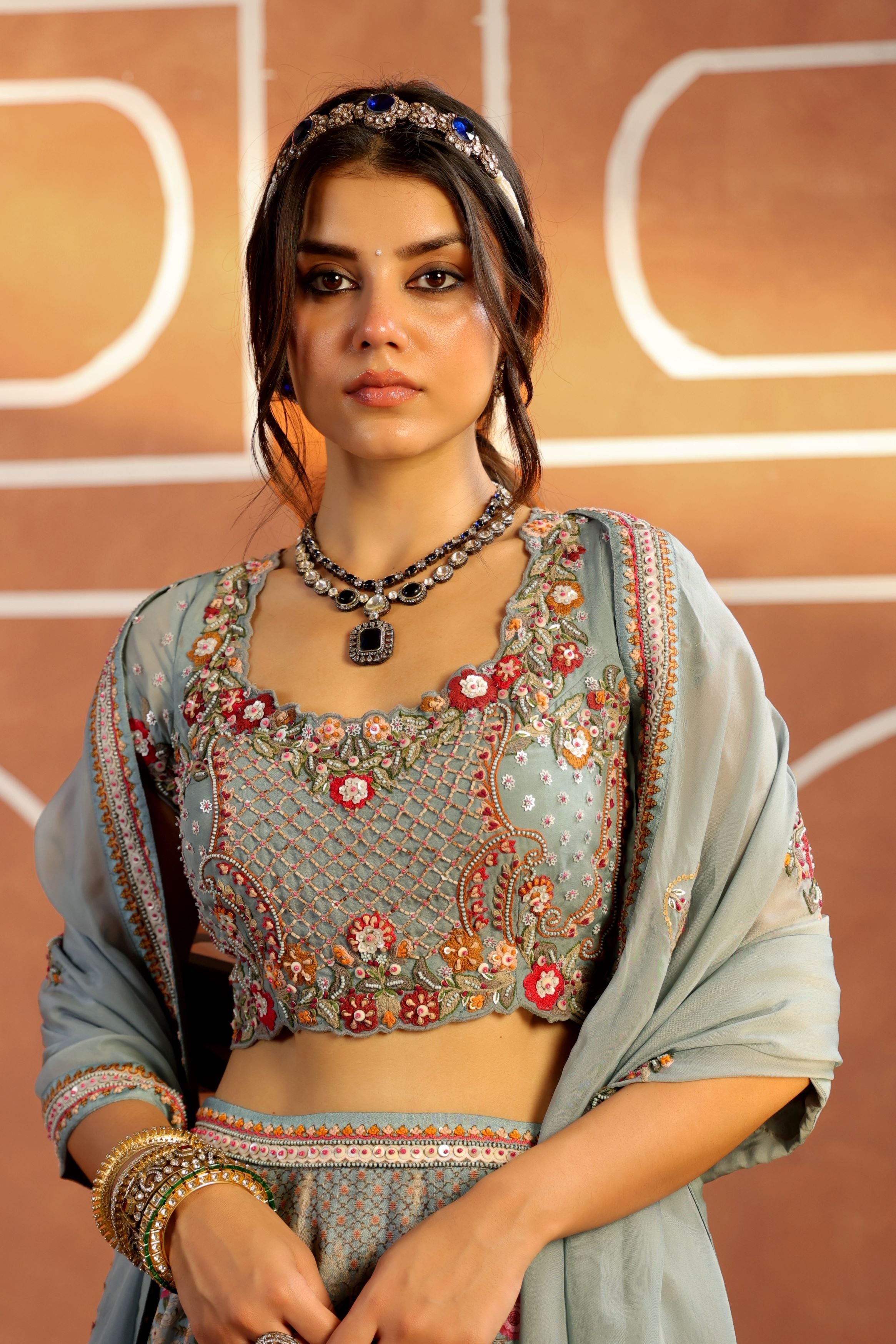 Pastel Blue Embellished Organdi Lehenga Set