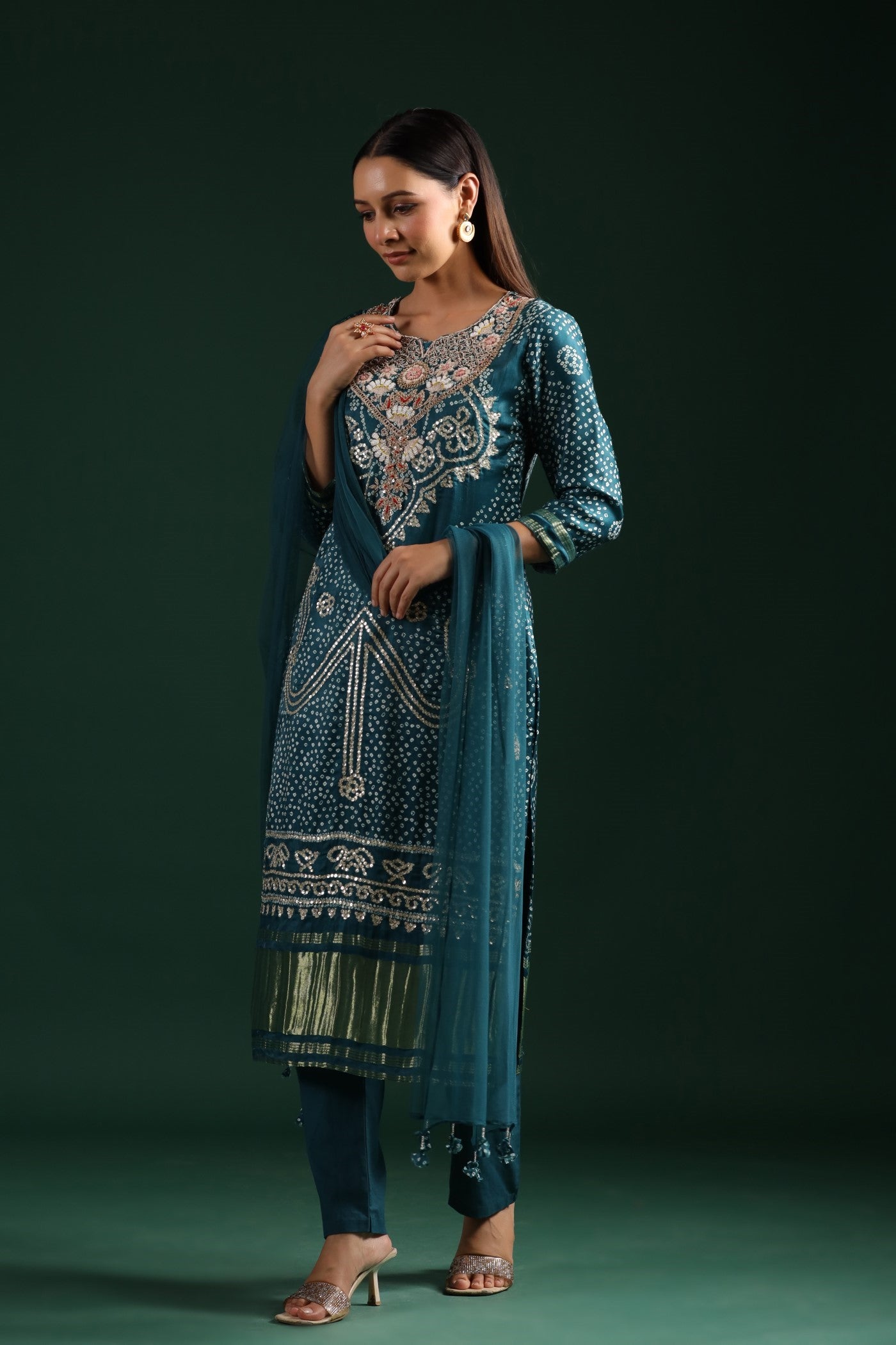 Teal Blue Bandhani Embroidered Kurta Set