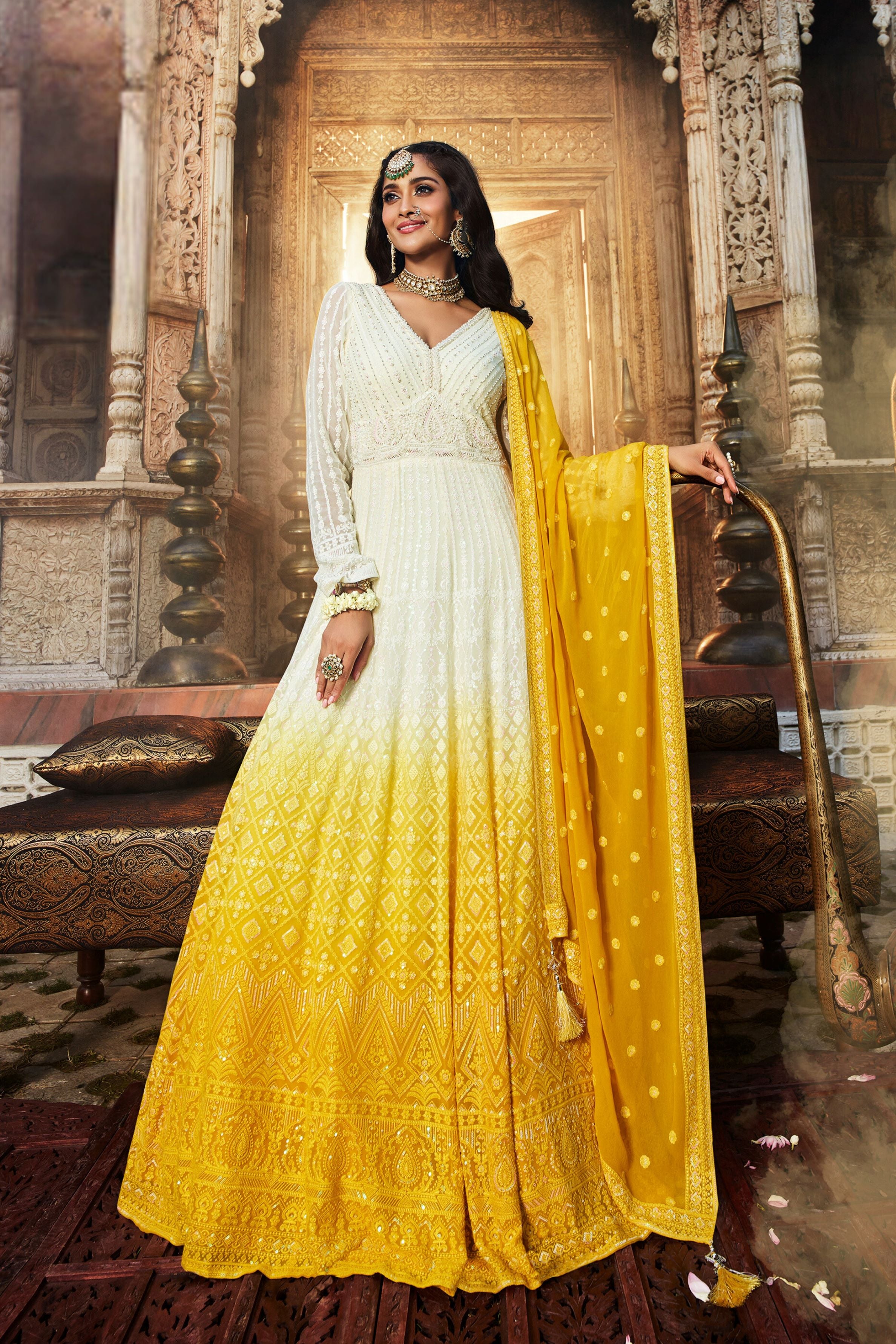 Yellow Ombre-Dyed Georgette Silk Anarkali Set