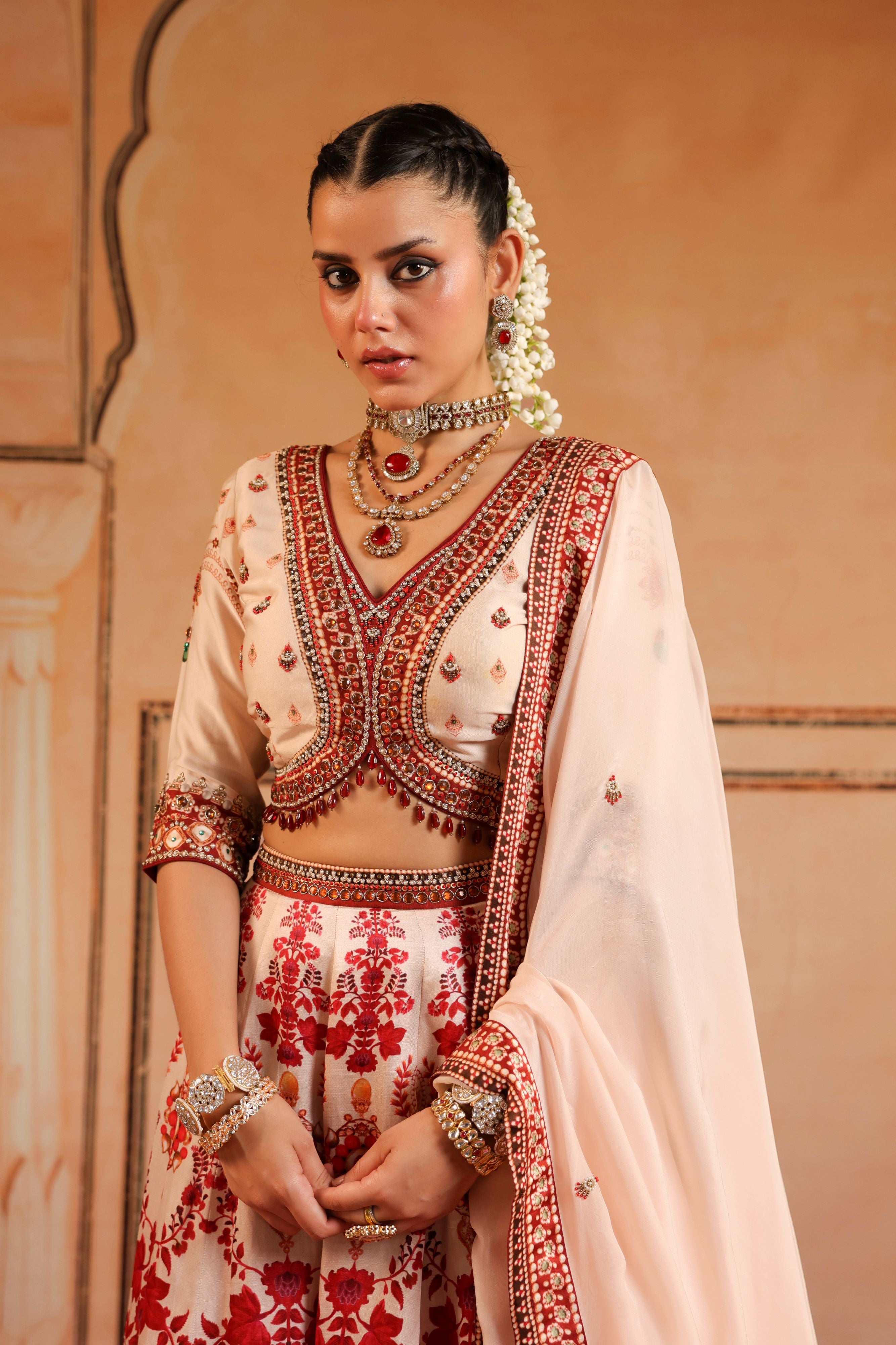 Peachy Pink Embellished Linen Satin Lehenga Set