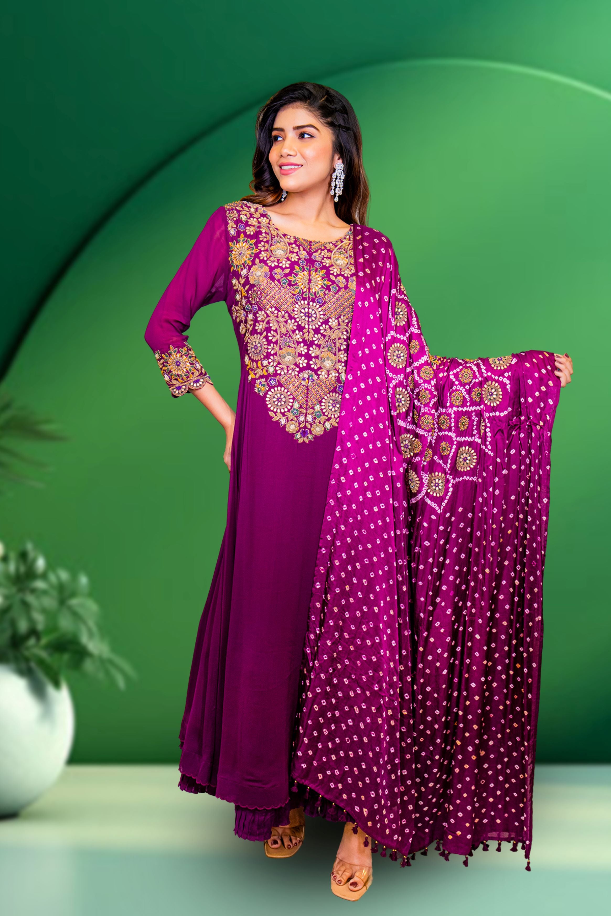 Orchid Purple Embellished Georgette Silk Pants Set