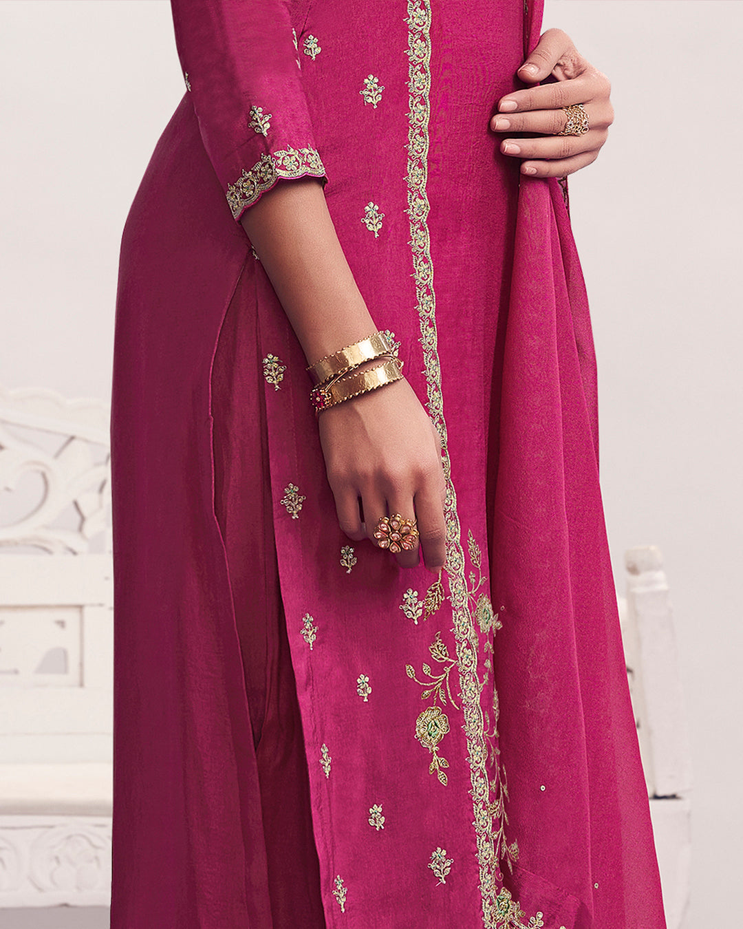 Ruby Charm Embellished Dola Silk Pant Set