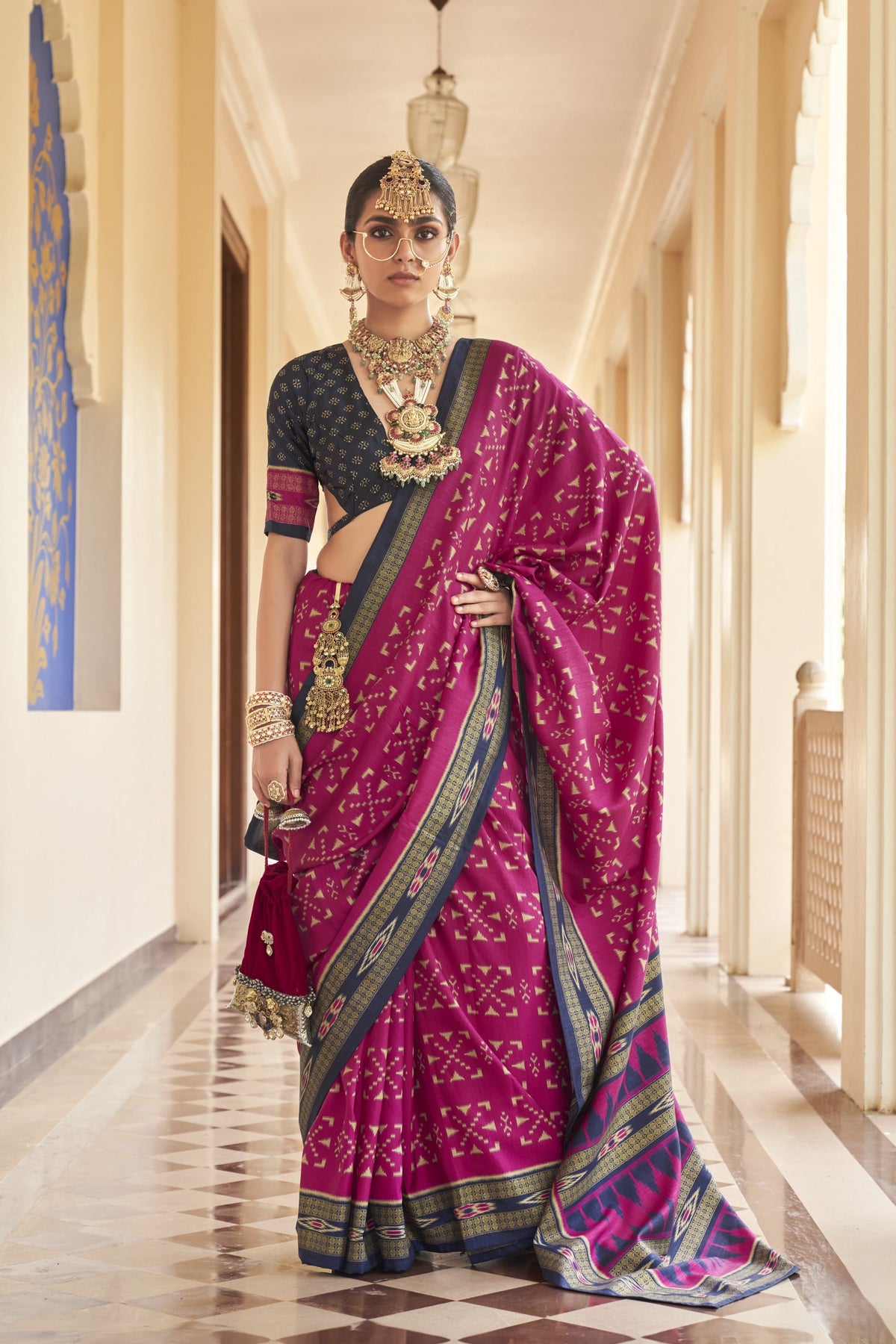Vibrant Magenta Pink Printed Premium Silk Saree